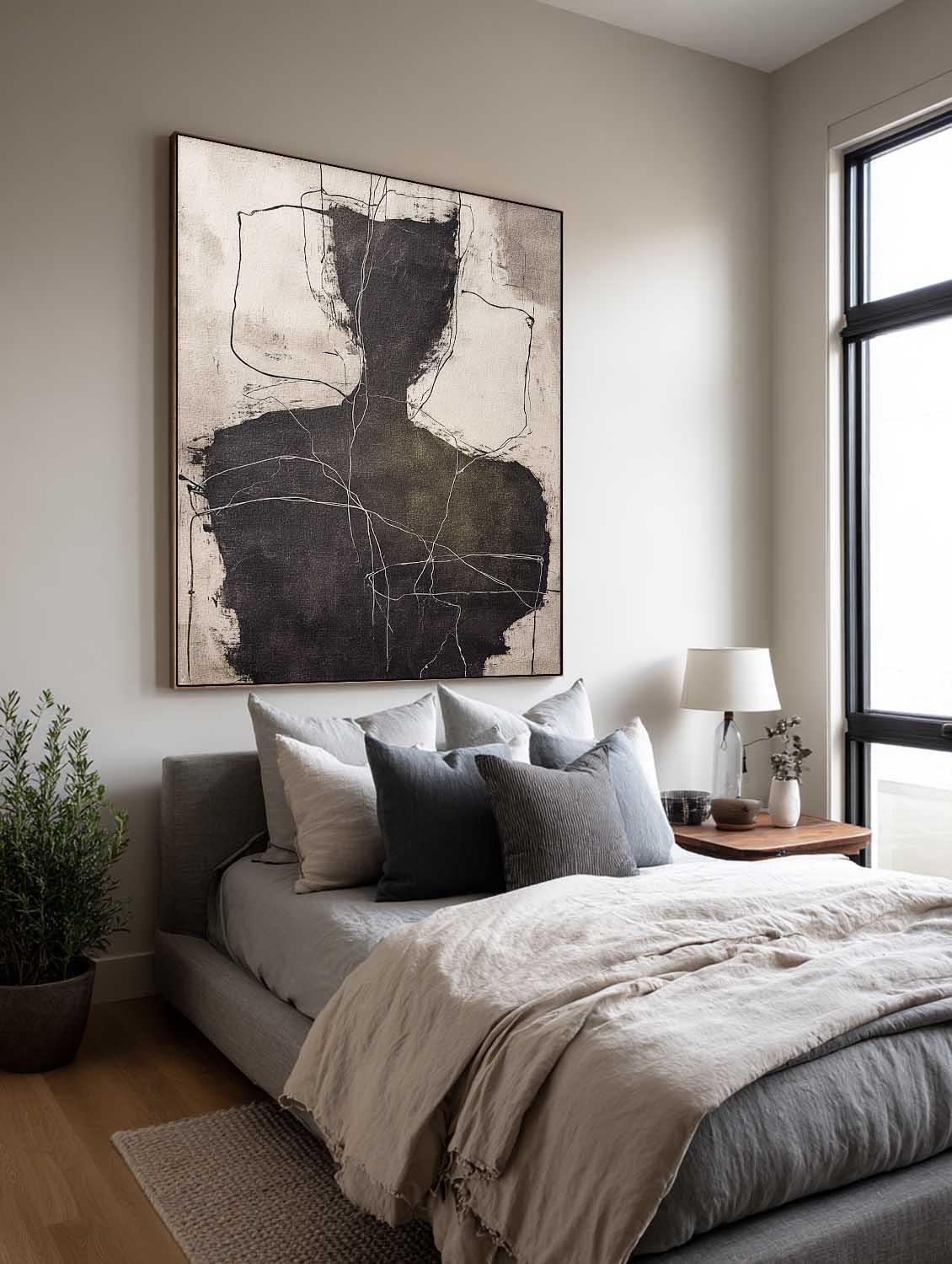Large Black And Beige Minimalist Figure Oil Painting Original Abstract Line Artwork In Dark Green And Black Tones