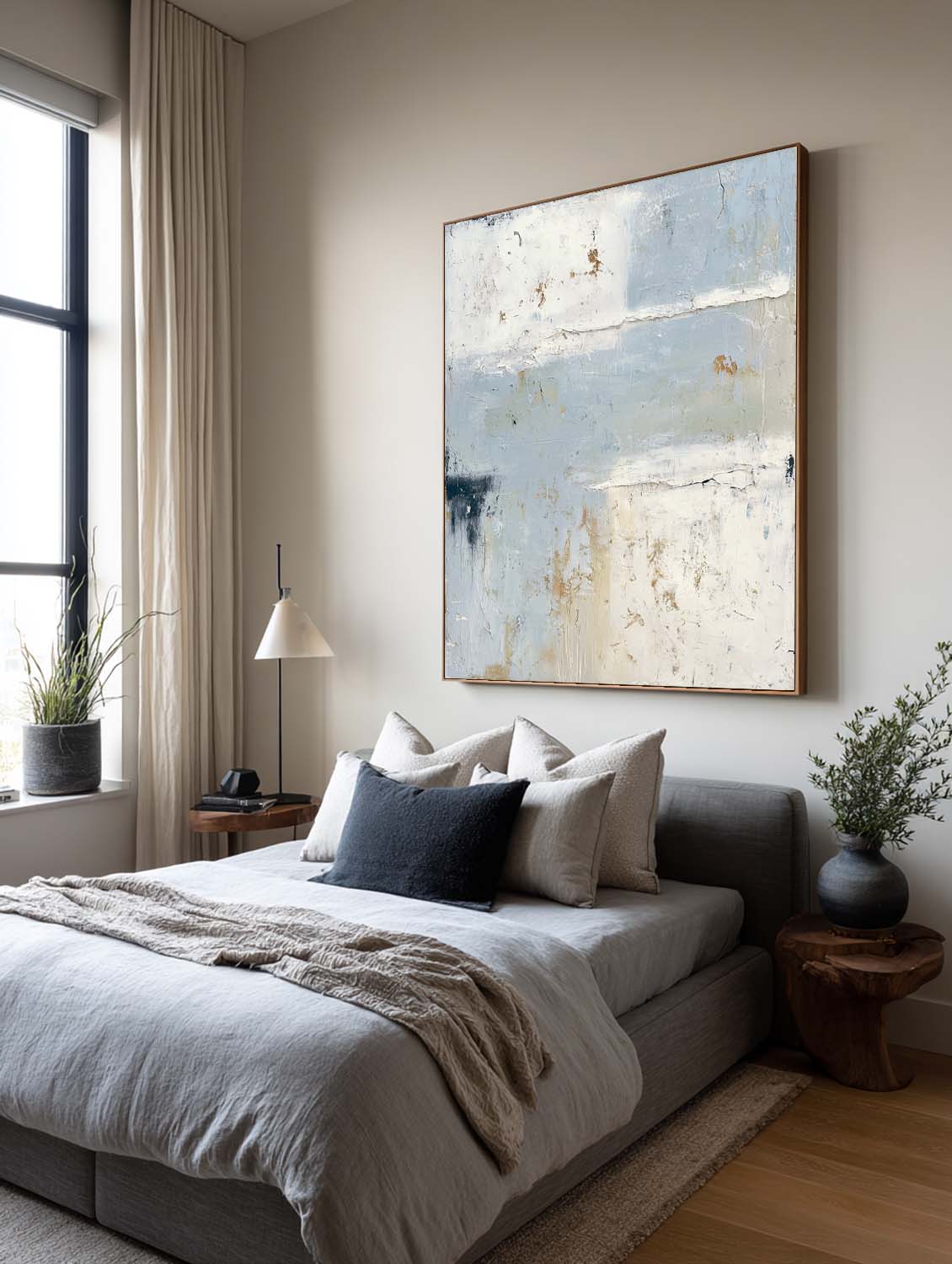 Large Blue And Gray Wabi Sabi Abstract Painting Minimalist Textured Canvas Wall Art For Modern Home Decor