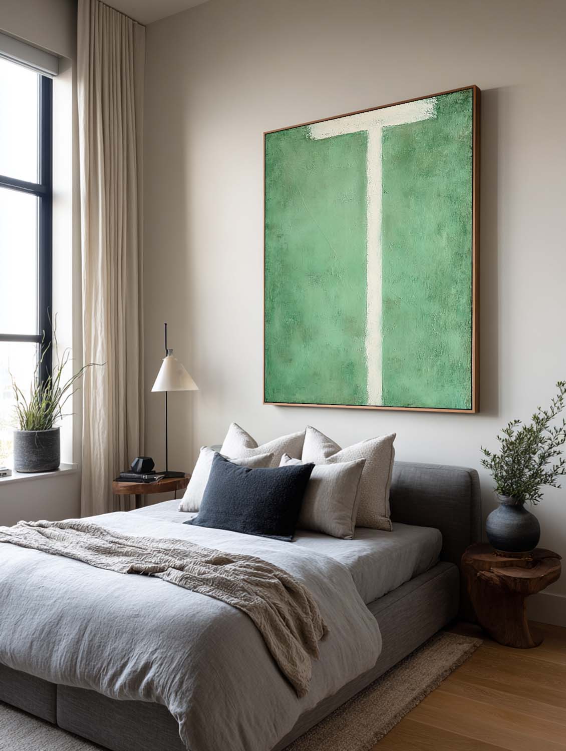 Modern Handmade Green Abstract Painting Minimalist Green Abstract Line Painting Green Minimalist Abstract Wall Art