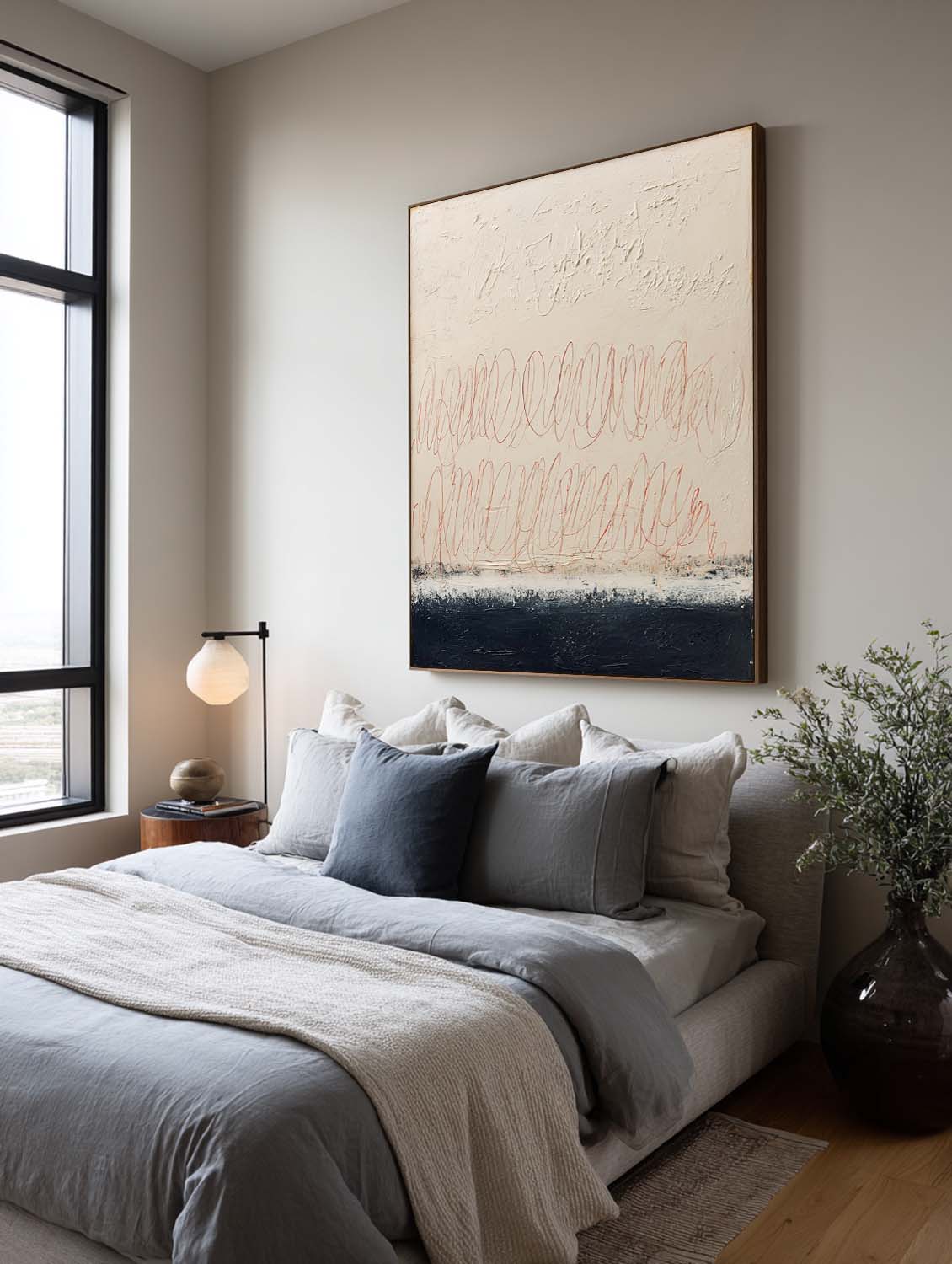 Original Hand-Painted Beige Line Wall Art Large Beige And Black Textured Abstract Painting Minimalist Beige Abstract Line Art