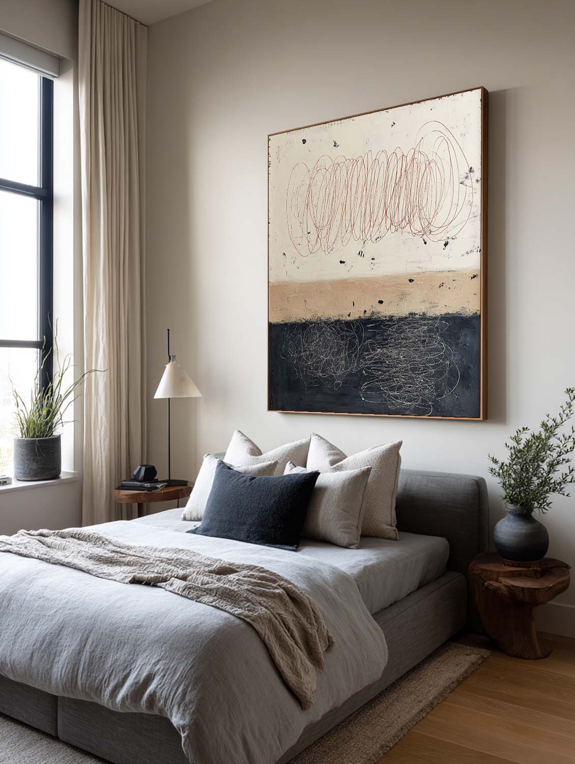 Beige Minimalist Line Wall Art Black Beige Abstract Painting Large Wabi Sabi Oil Painting Beige Abstract Line Art