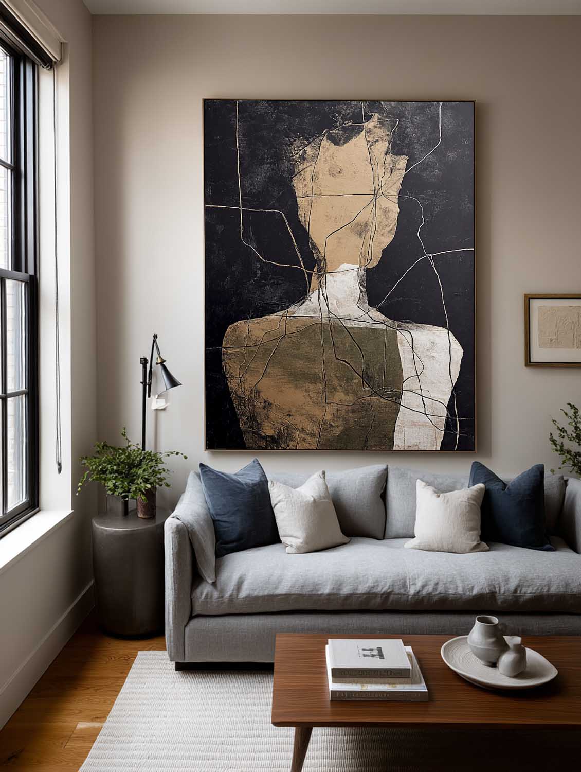 Original Beige And Black Abstract Figure Oil Painting Large Beige Minimalist Line Artwork Black And Beige Abstract People Art