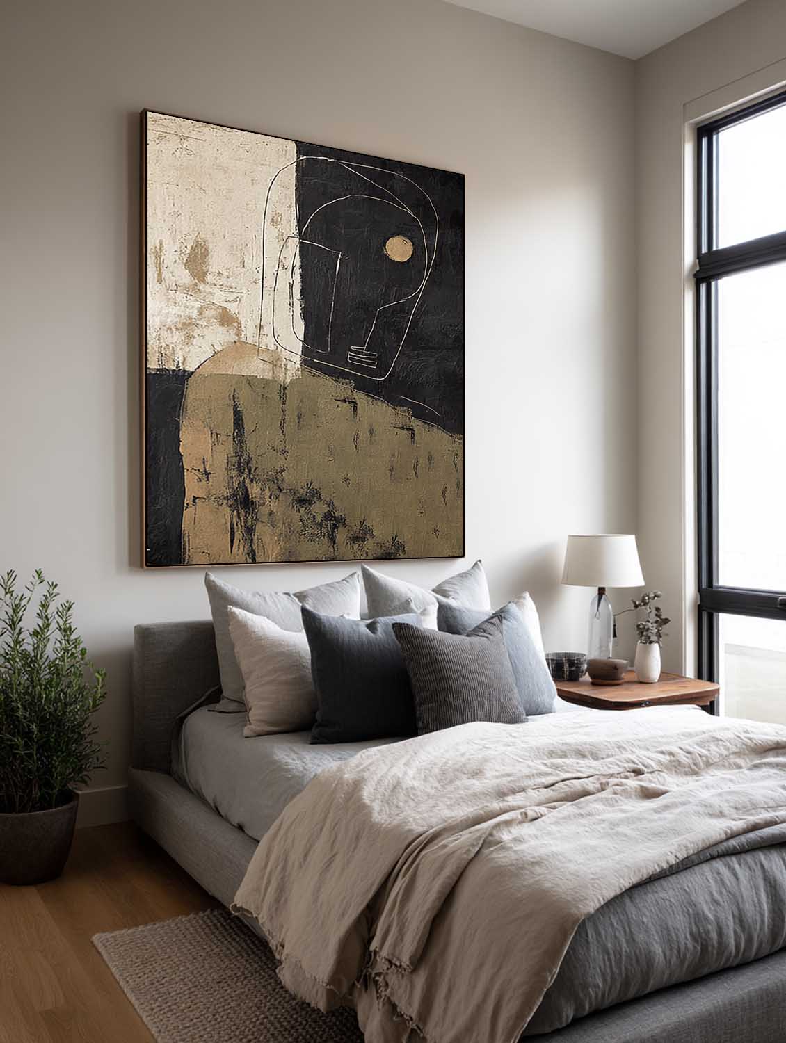 Contemporary Beige And Black Abstract Face Painting Original Black Abstract Portrait Wall Art Minimalist Abstract Figurative Oil Painting