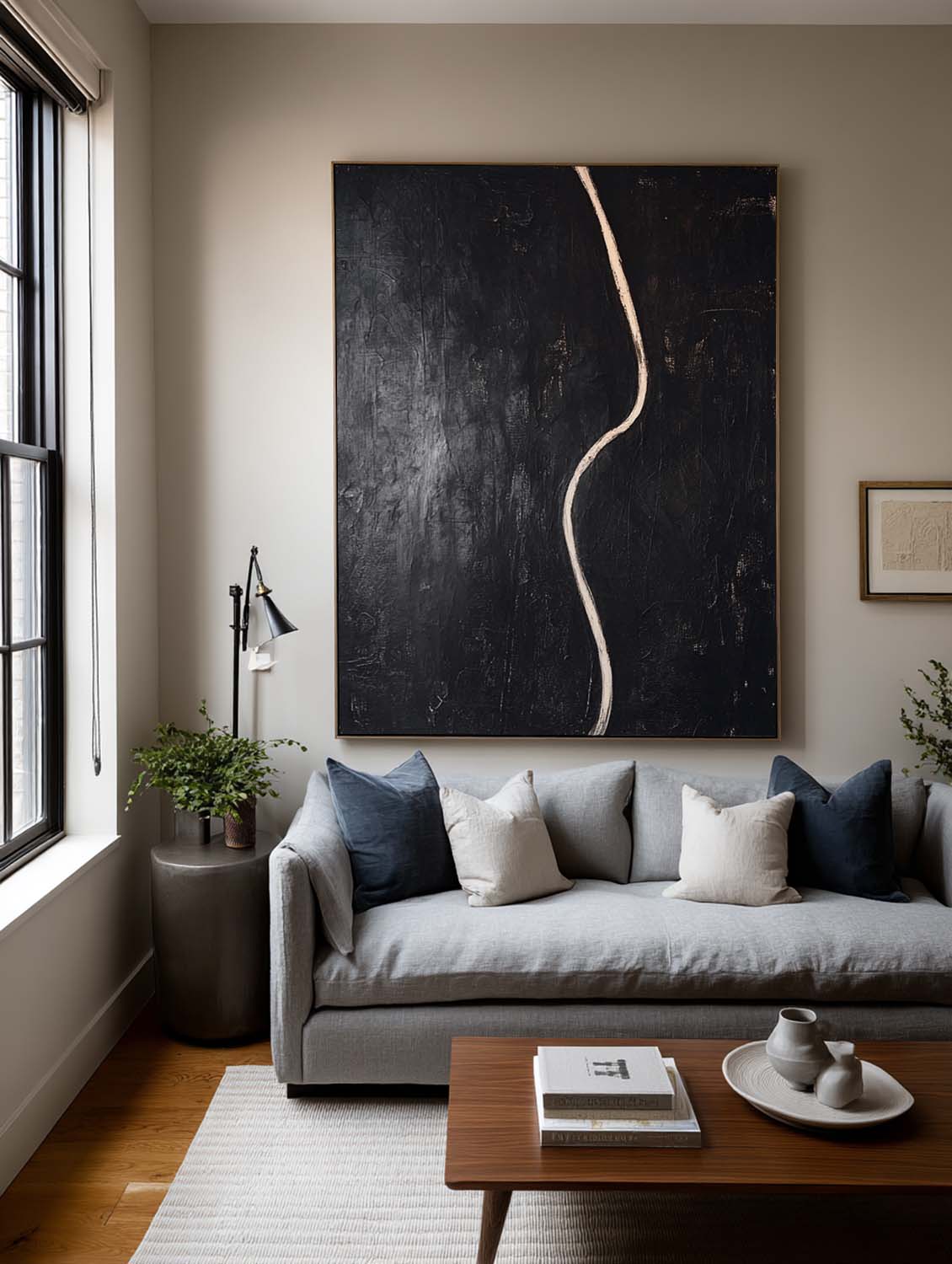 Minimalist Black Abstract Line Painting Contemporary Black Abstract Canvas Painting Handmade Black Minimalist Line Texture Art