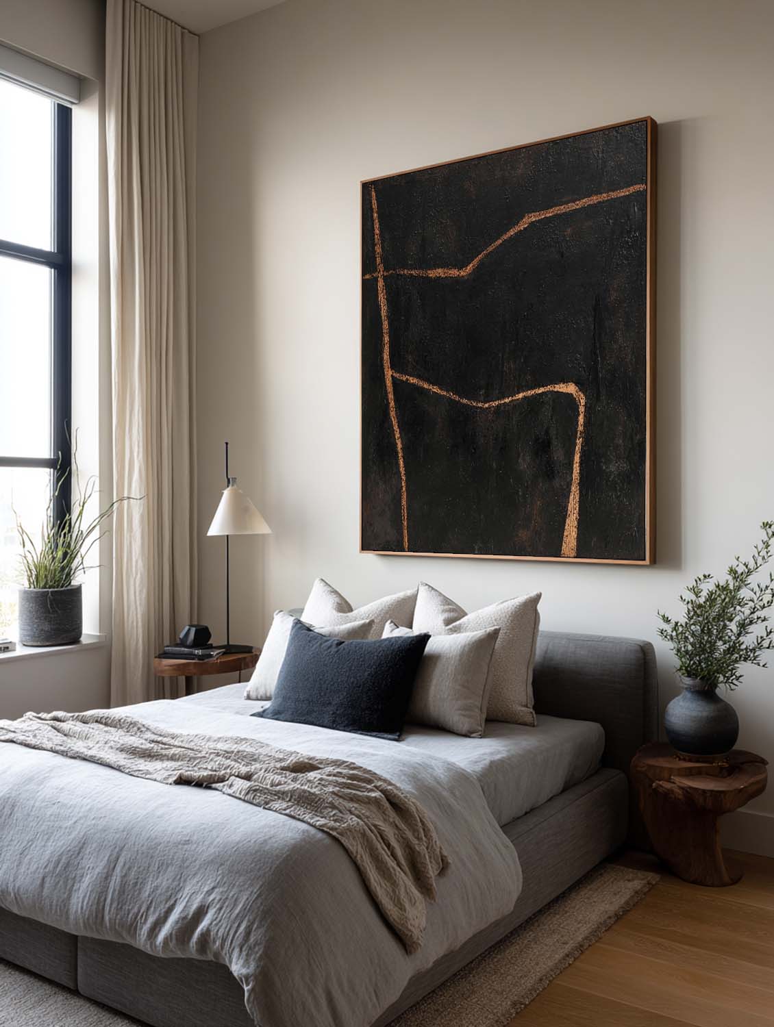 Minimalist Black Abstract Line Painting Modern Handmade Black Abstract Canvas Art Large Black Line Oil Painting