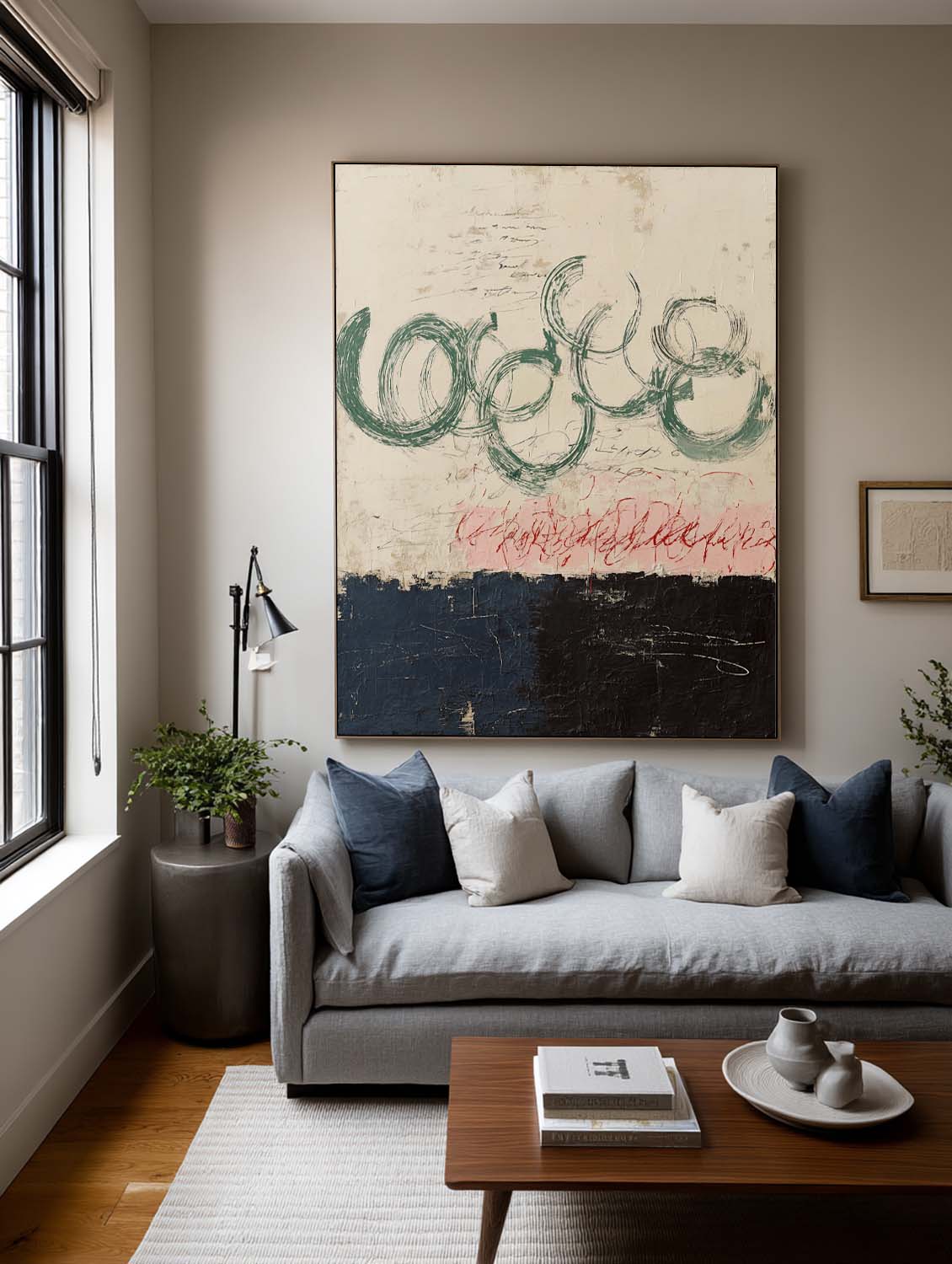 Minimalist Black And Beige Abstract Painting Beige And Green Line Abstract Artwork Large Minimalist Beige Canvas Painting