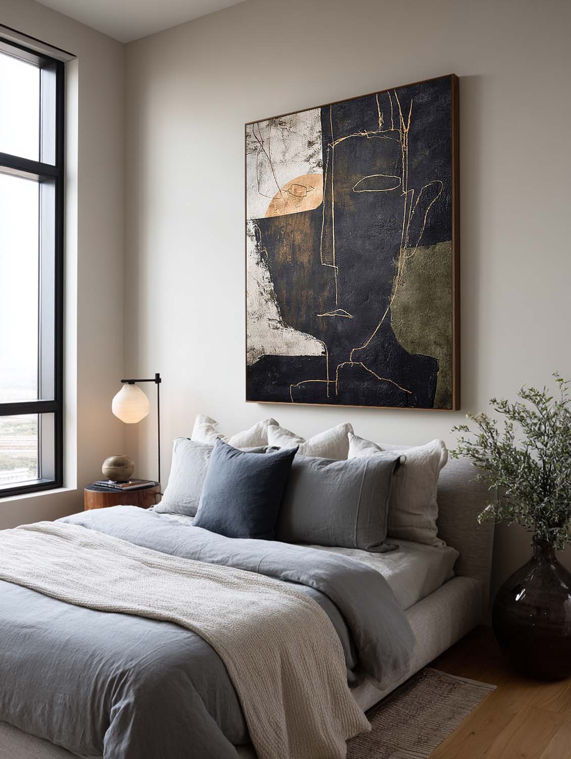 Handmade Black Beige Abstract Portrait Painting Large Black Abstract Face Oil Painting Original Minimalist Line Artwork