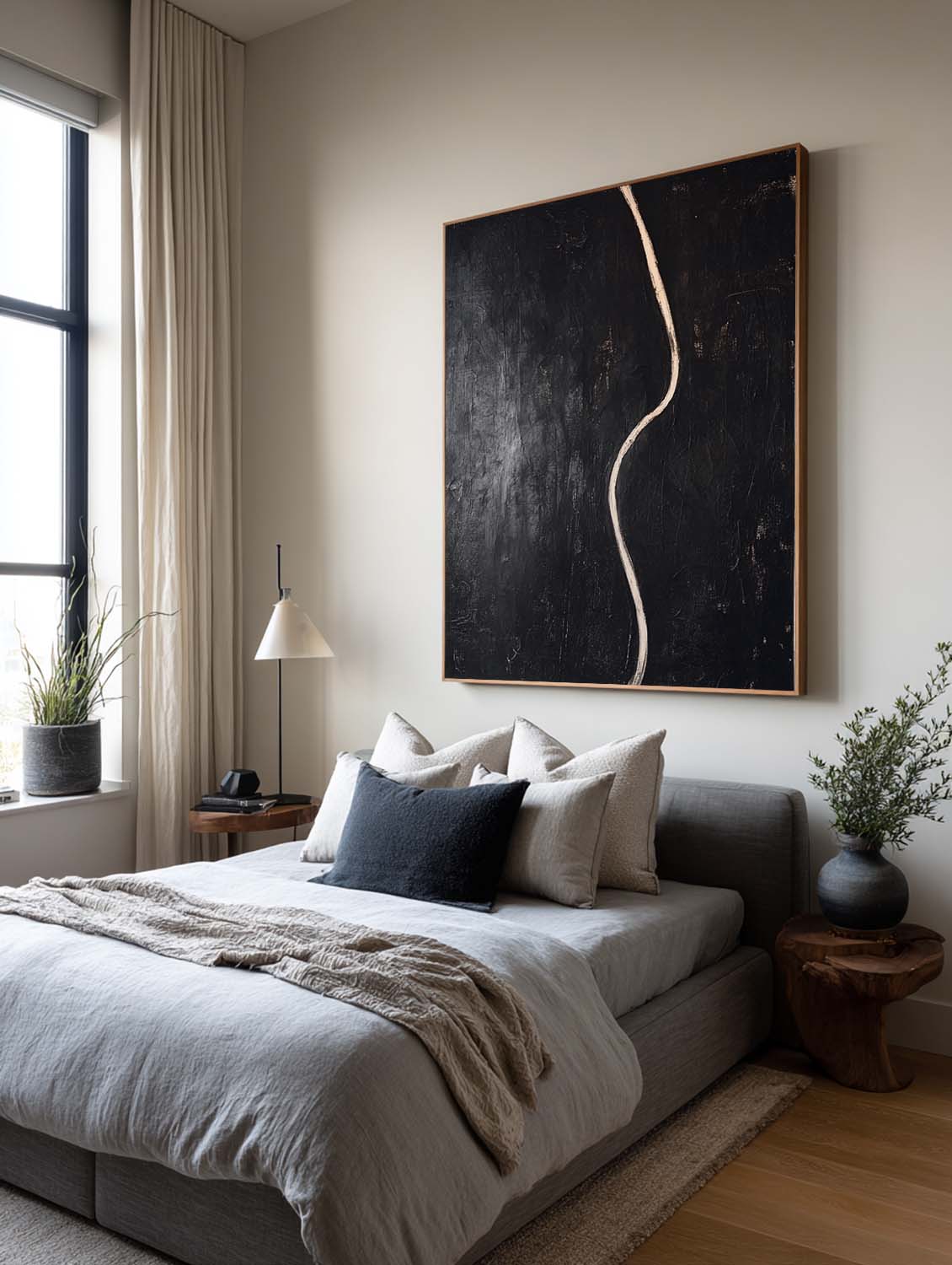 Minimalist Black Abstract Line Painting Contemporary Black Abstract Canvas Painting Handmade Black Minimalist Line Texture Art