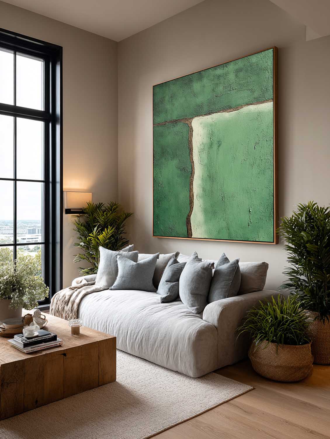 Handmade Green Minimalist Abstract Line Art Modern Handmade Green Textured Abstract Painting Minimal Line Oil Art For Living Room