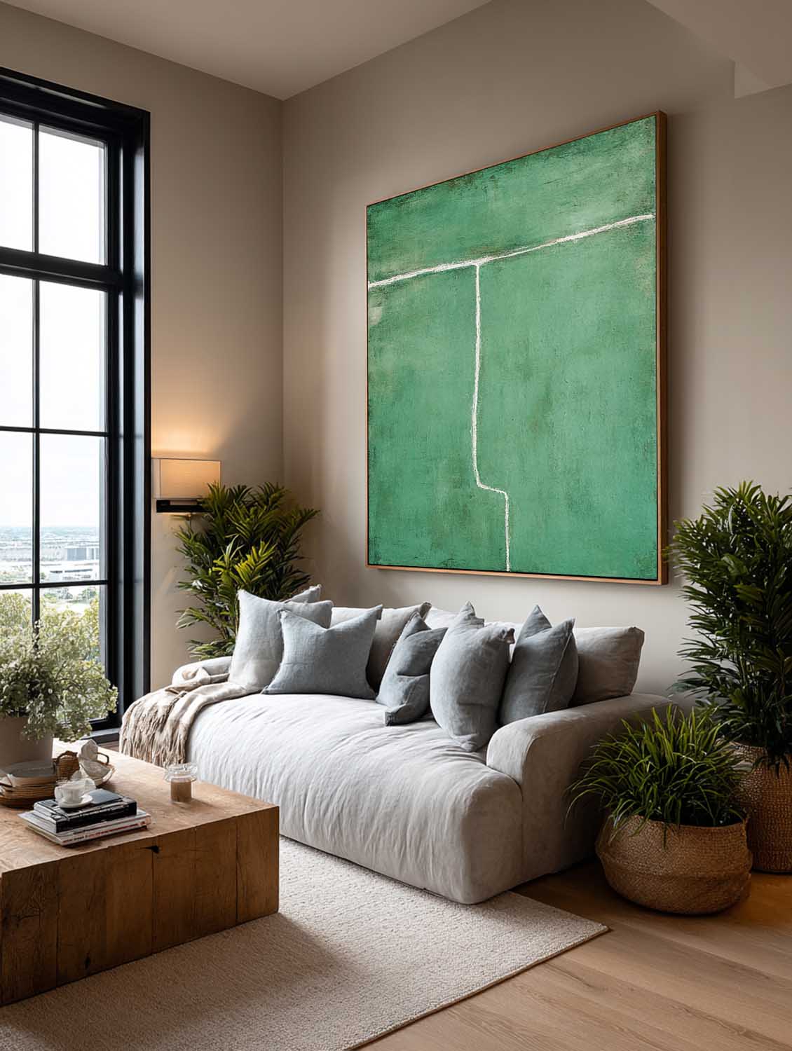 Modern Green Abstract Line Art Painting Contemporary Green Abstract Painting Green Minimalist Abstract Wall Art