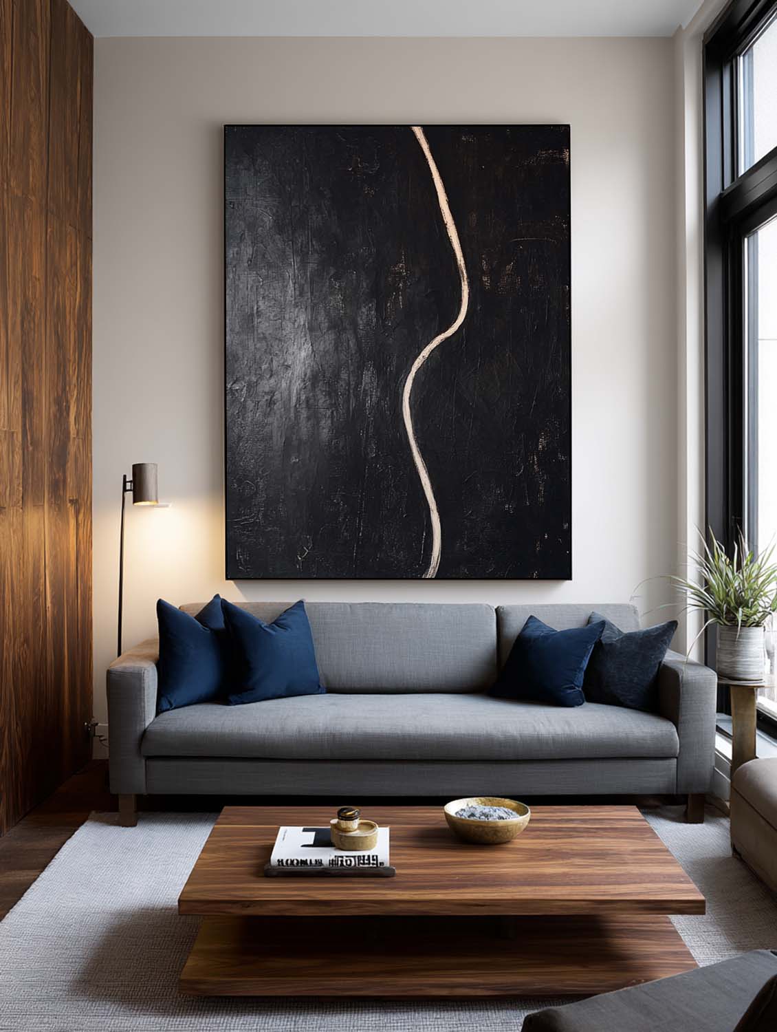 Minimalist Black Abstract Line Painting Contemporary Black Abstract Canvas Painting Handmade Black Minimalist Line Texture Art