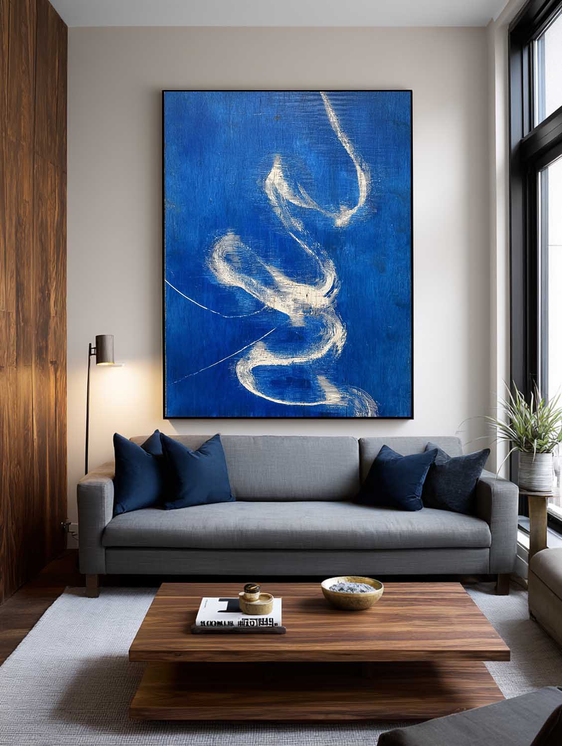 Hand-Painted Blue Abstract Oil Painting Modern Blue And White Abstract Painting Blue Abstract Line Wall Art