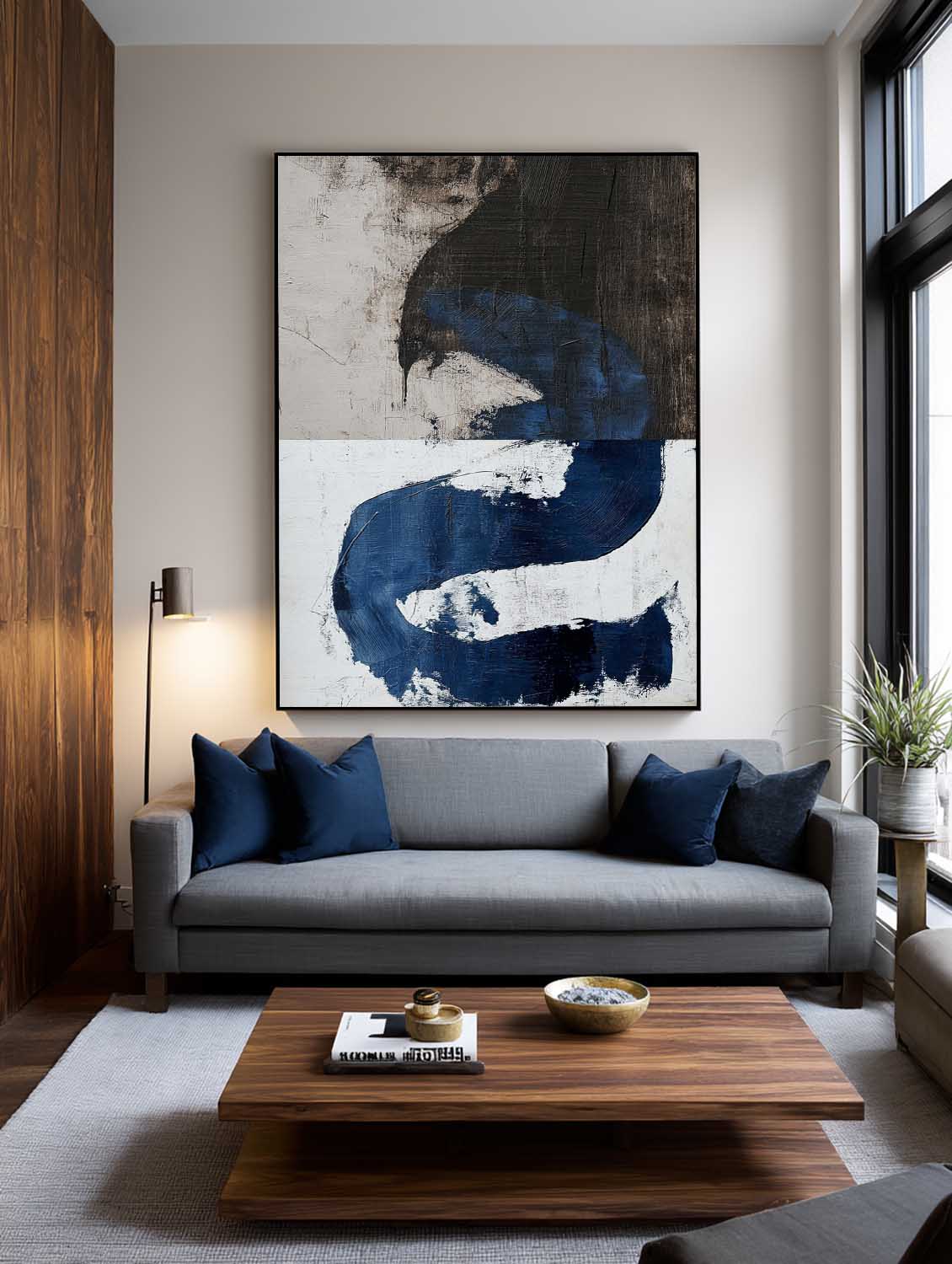 Modern Blue And Black Abstract Painting Minimalist Blue Line Textured Canvas Art Handmade Abstract Wall Decor