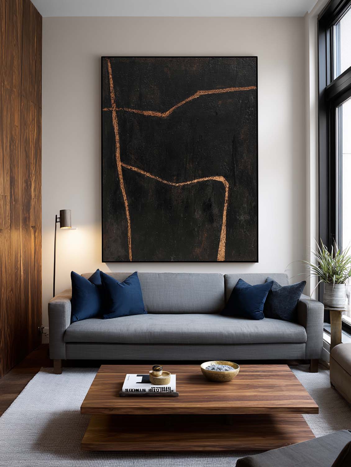 Minimalist Black Abstract Line Painting Modern Handmade Black Abstract Canvas Art Large Black Line Oil Painting