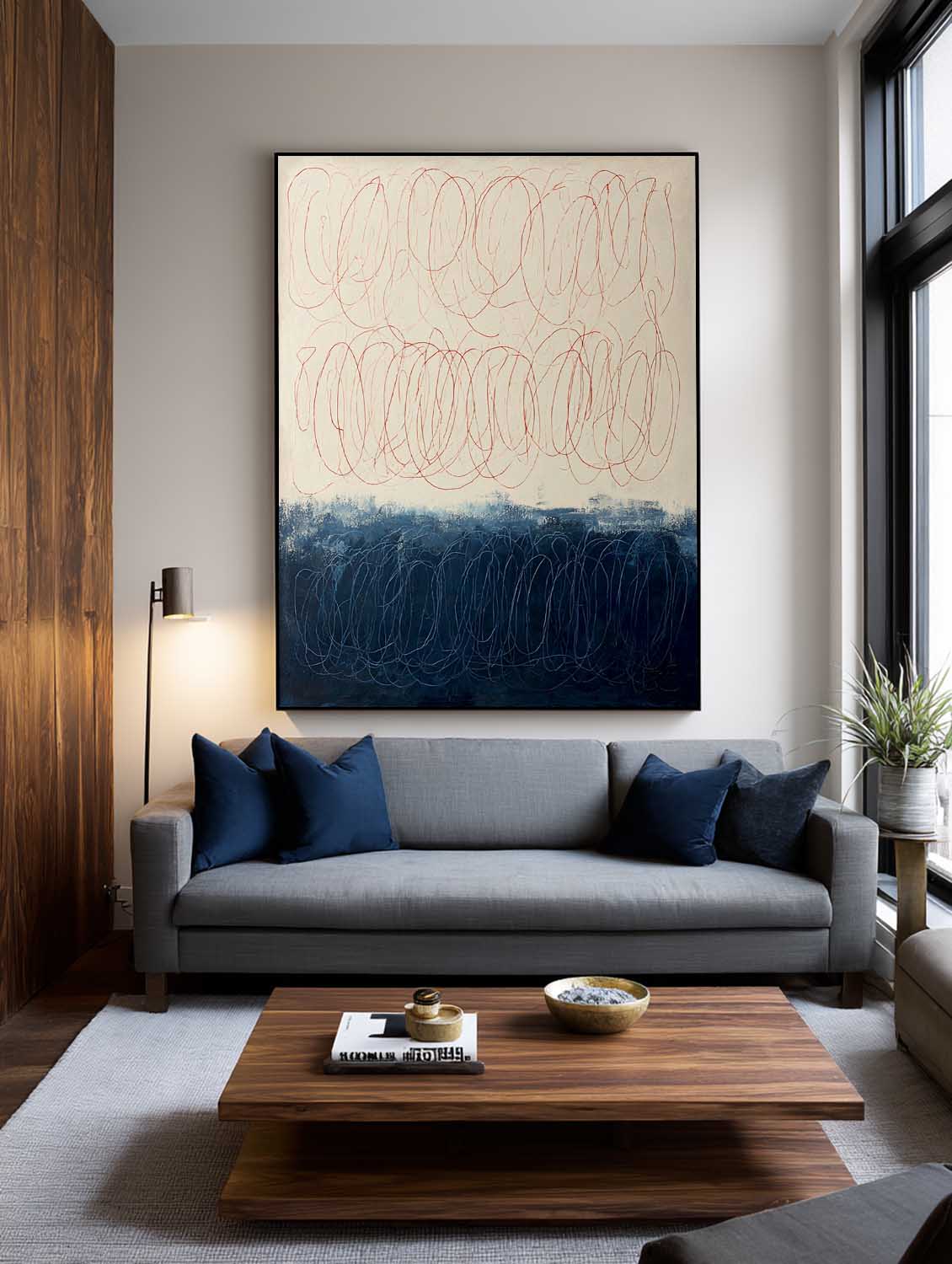 Large Minimalist Beige And Blue Abstract Line Painting Original Hand-Painted Line Wall Art Modern Neutral Beige Line Canvas Decor