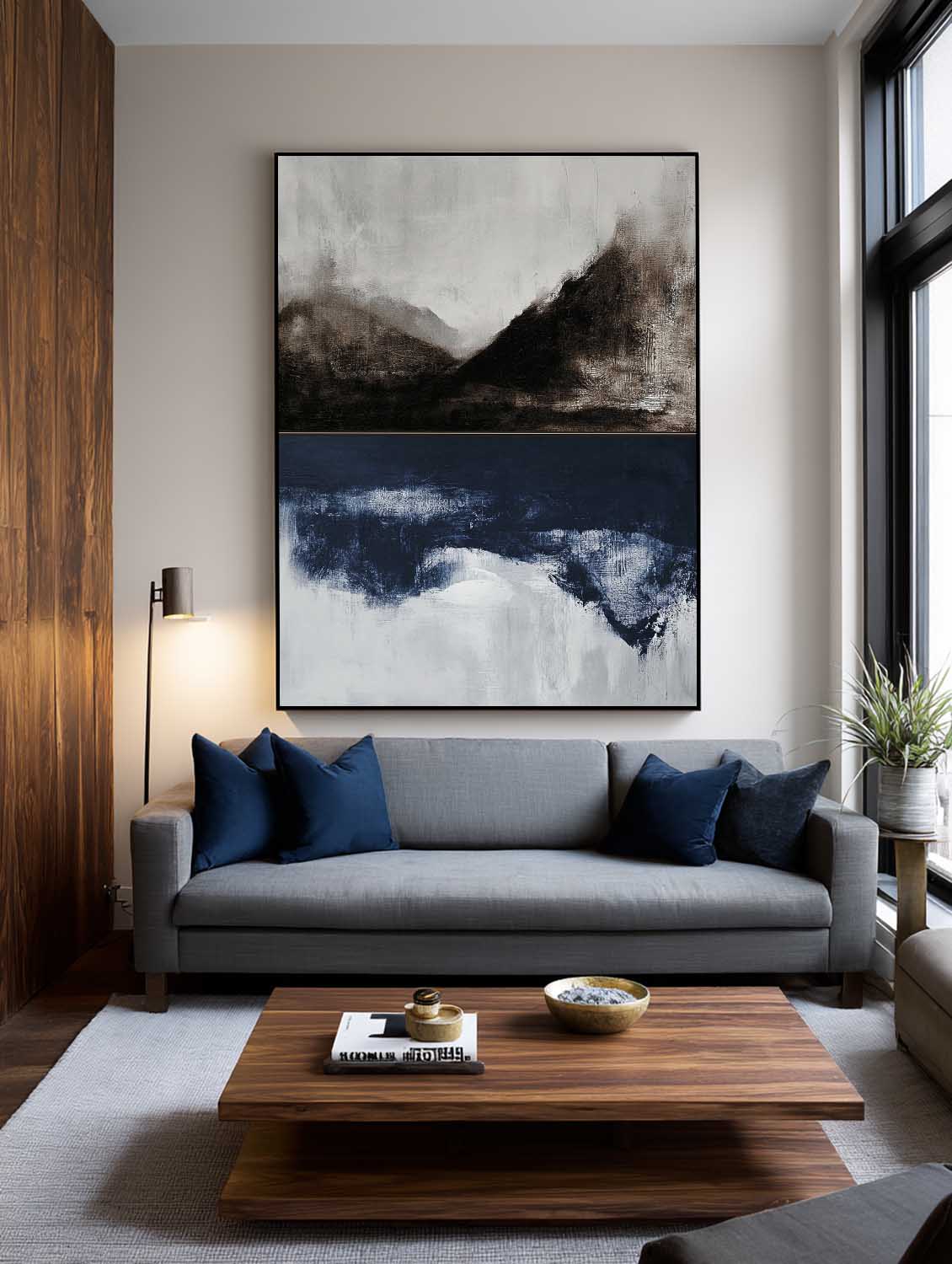 Minimalist Abstract Landscape Oil Painting Neutral Wabi Sabi Wall Art Black And Blue Handmade Canvas Painting