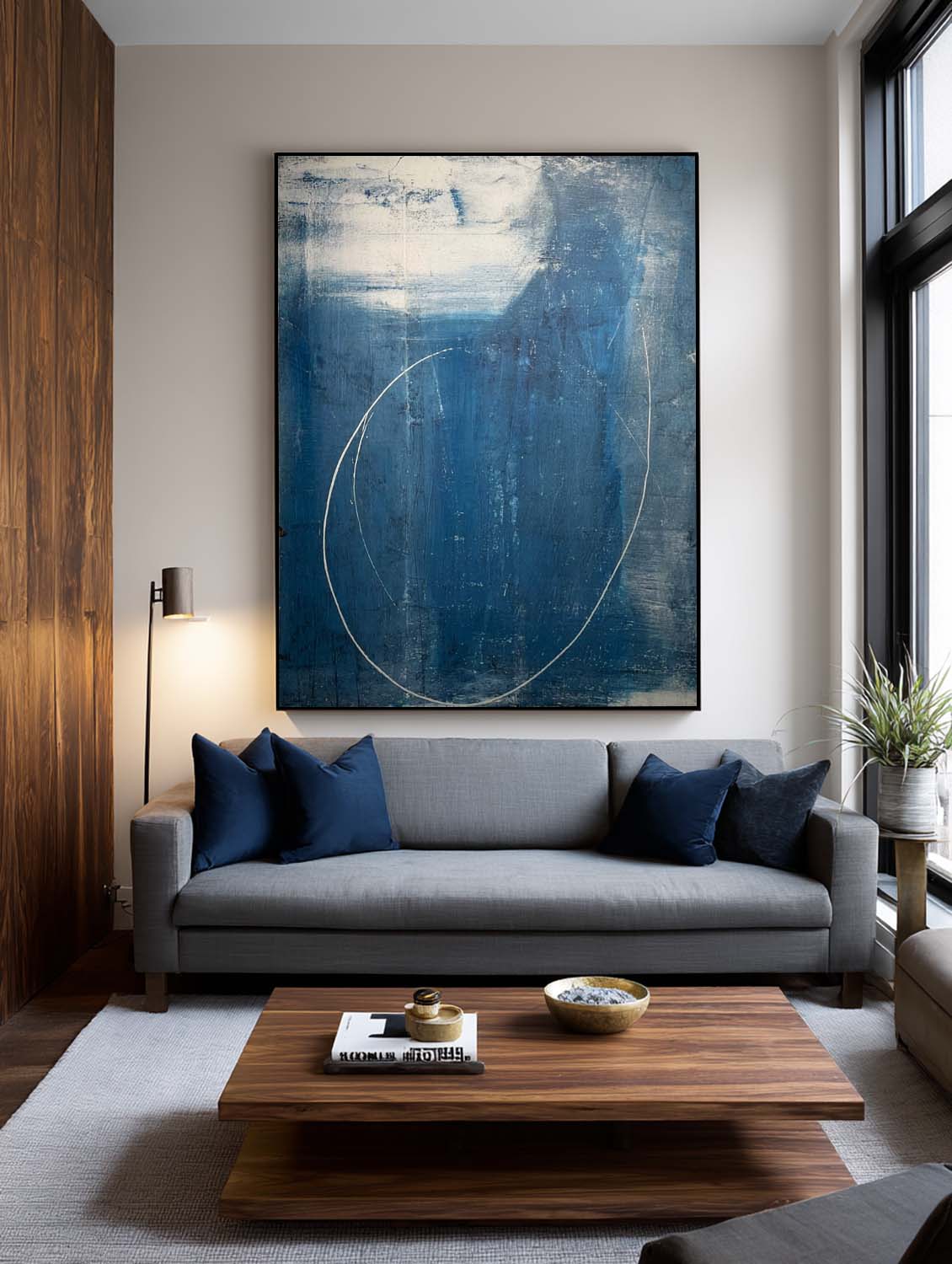 Navy Blue One Line Abstract Painting Minimalist Navy Blue Frame Wall Art Handmade Blue Abstract Line Canvas Art