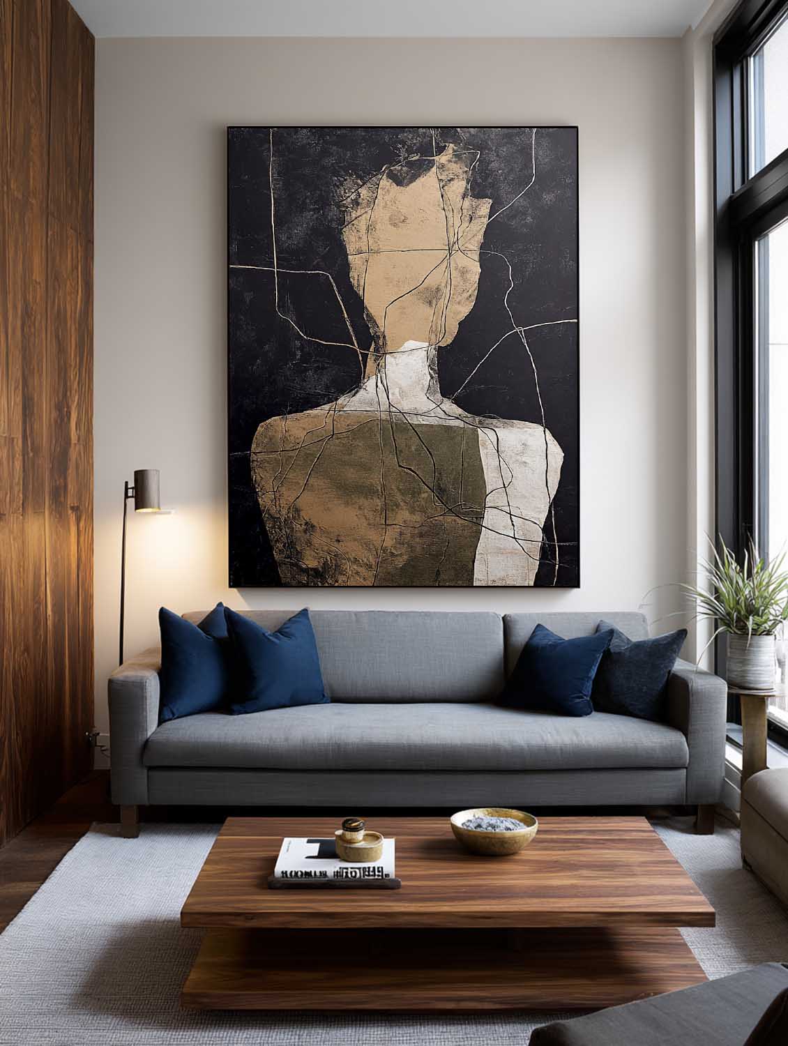 Original Beige And Black Abstract Figure Oil Painting Large Beige Minimalist Line Artwork Black And Beige Abstract People Art