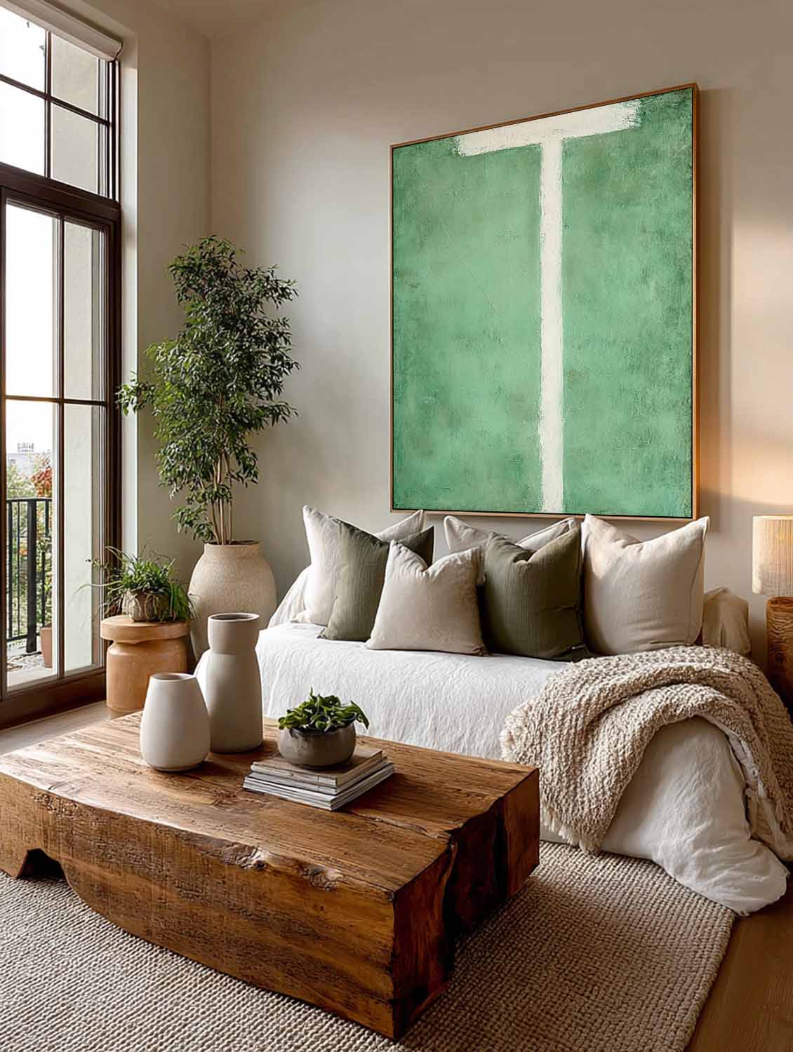 Modern Handmade Green Abstract Painting Minimalist Green Abstract Line Painting Green Minimalist Abstract Wall Art
