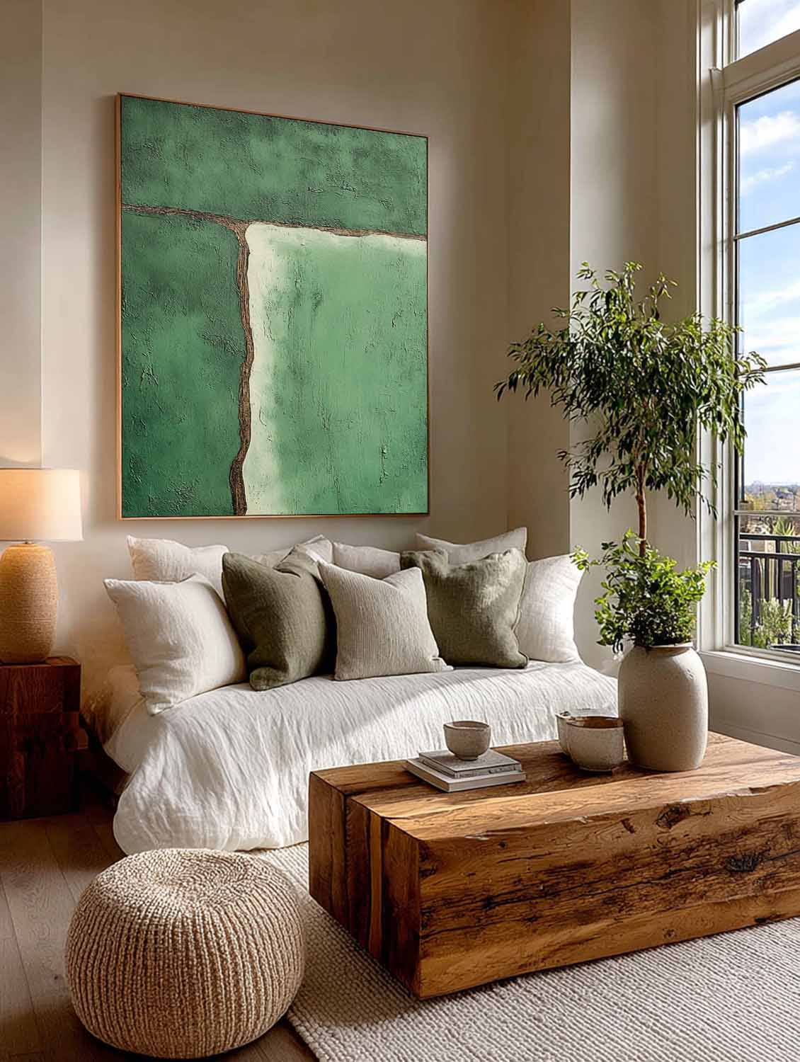 Handmade Green Minimalist Abstract Line Art Modern Handmade Green Textured Abstract Painting Minimal Line Oil Art For Living Room