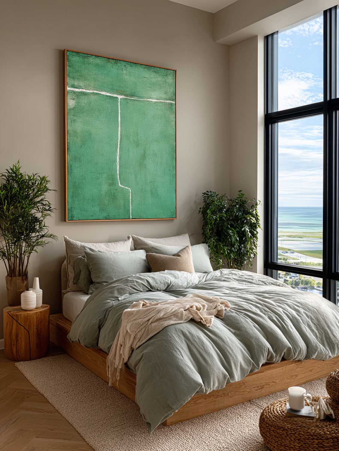 Modern Green Abstract Line Art Painting Contemporary Green Abstract Painting Green Minimalist Abstract Wall Art