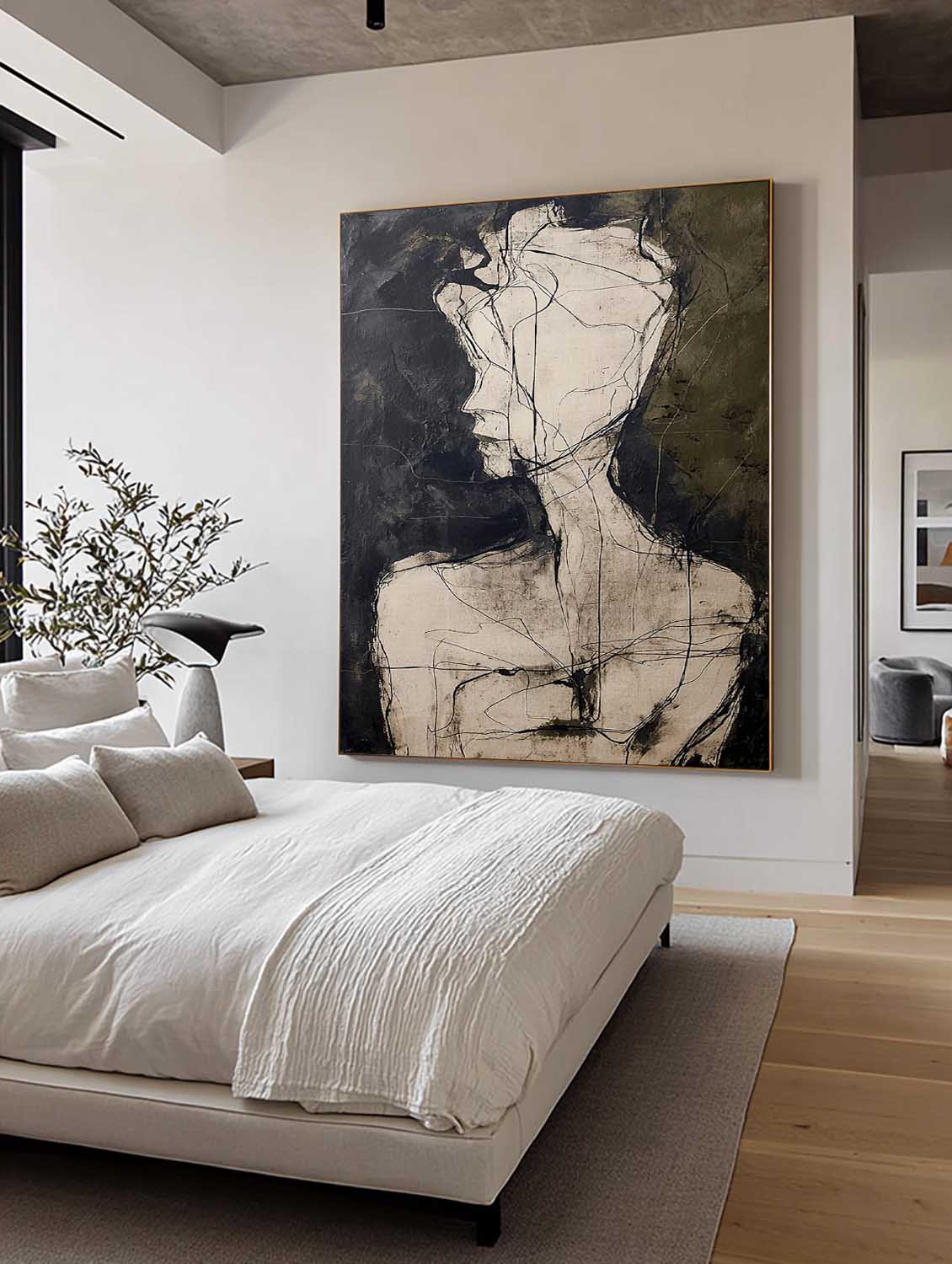 Contemporary Black and Beige Minimalist Figure Painting Minimalist Figurative Wall Art Organic Line Drawing Oil Artwork