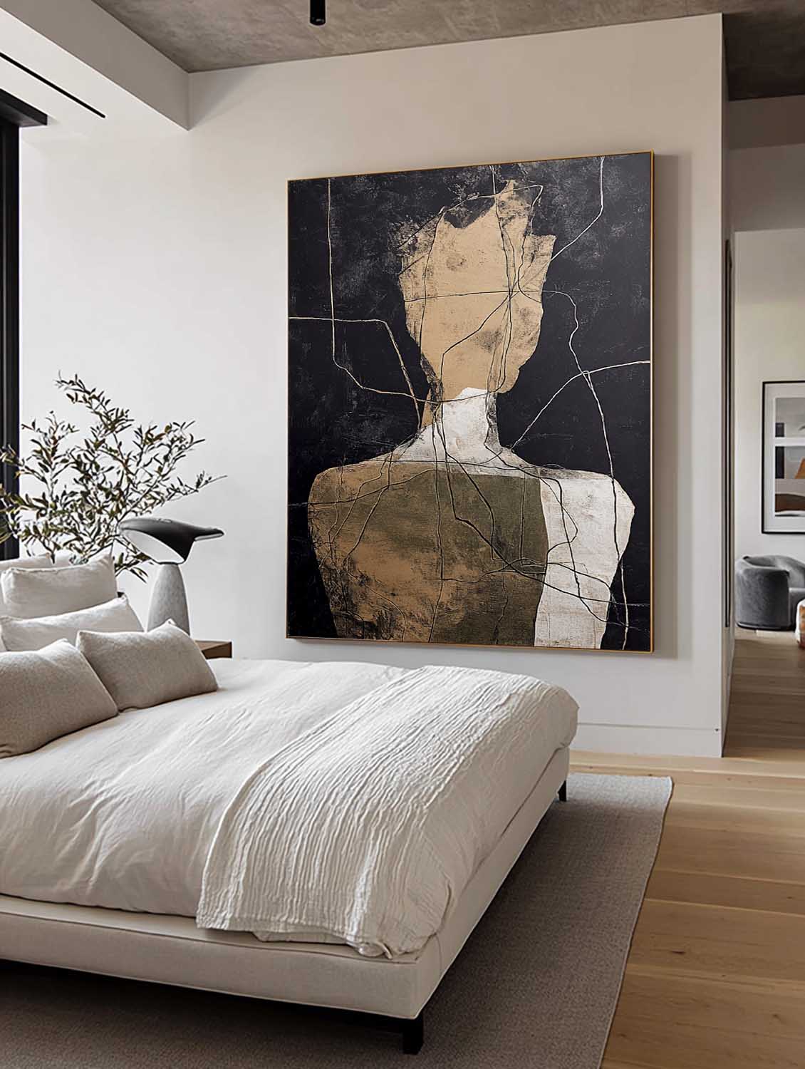 Original Beige And Black Abstract Figure Oil Painting Large Beige Minimalist Line Artwork Black And Beige Abstract People Art