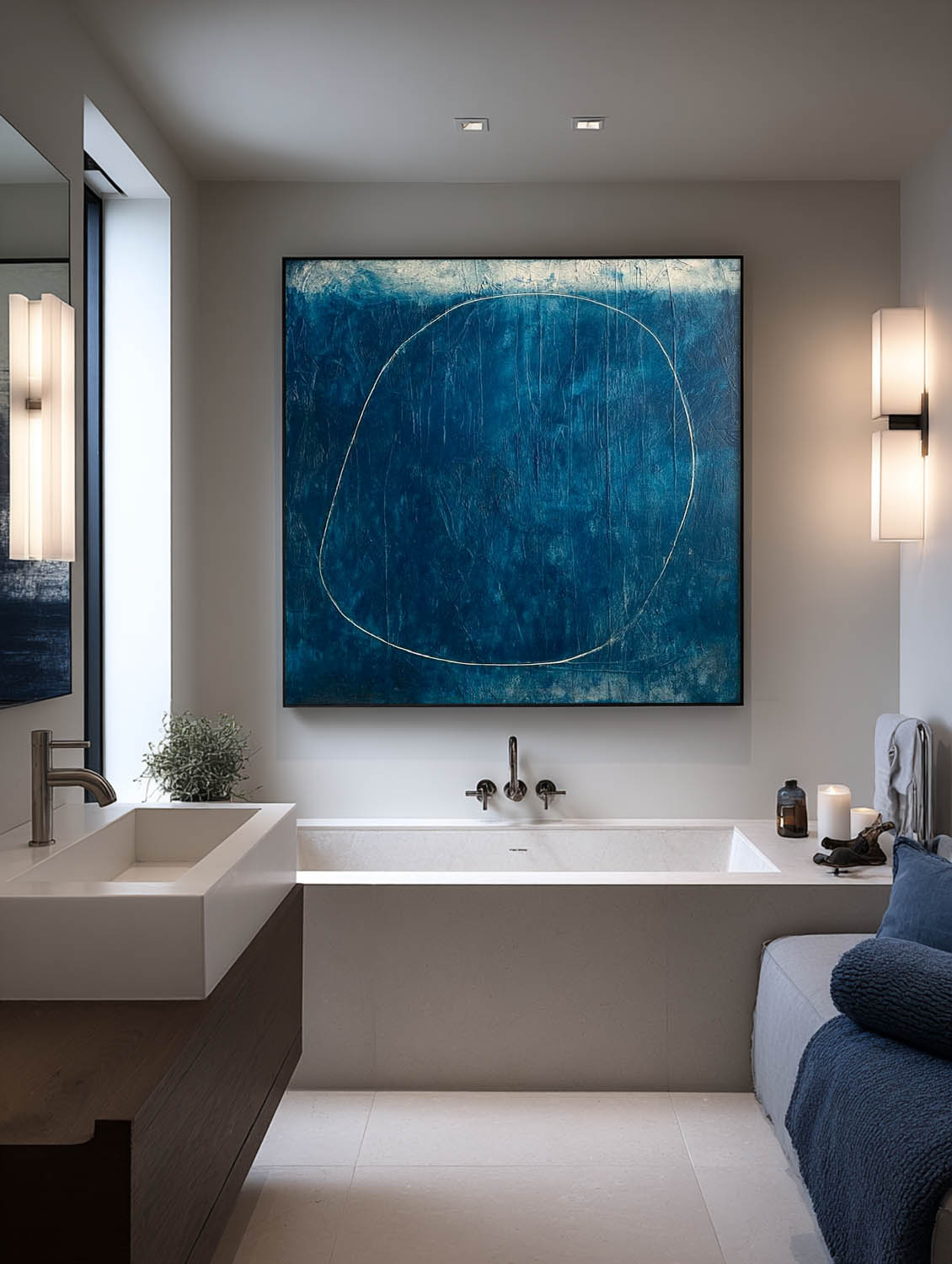 Deep Blue Textured Abstract Painting Handmade Minimalist Circle Art On Canvas Blue Modern Abstract Wall Art