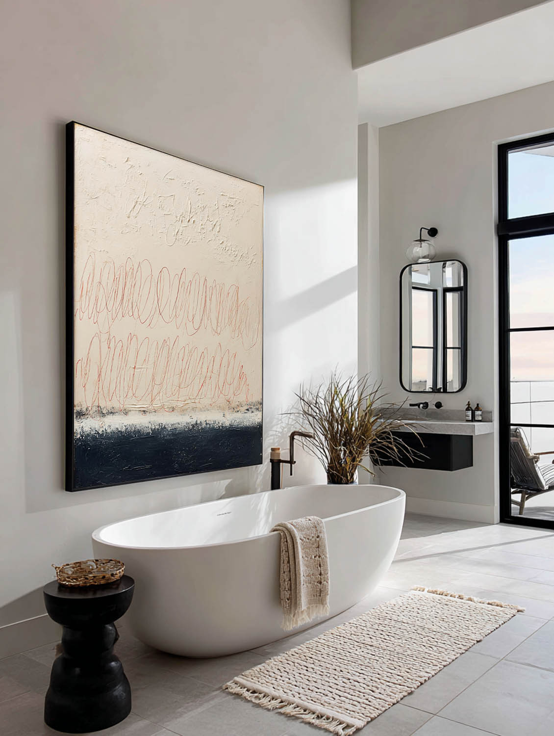 Original Hand-Painted Beige Line Wall Art Large Beige And Black Textured Abstract Painting Minimalist Beige Abstract Line Art