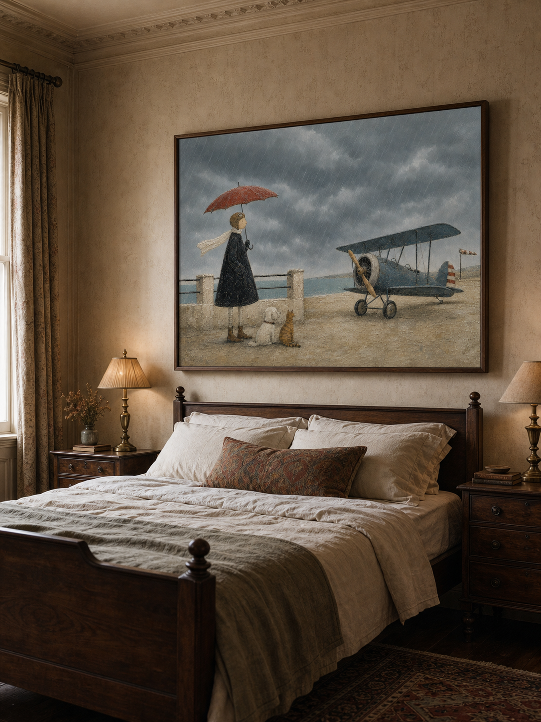 Whimsical Vintage Airplane Painting With Dog And Cat For Coastal Home Decor Art