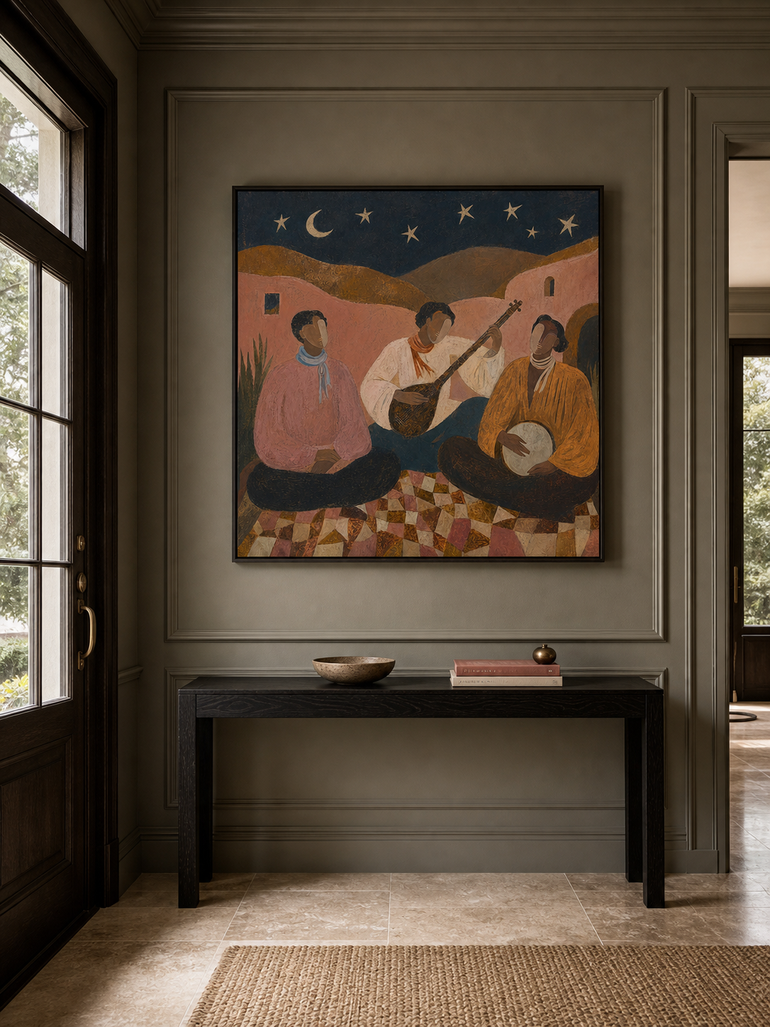 Vintage Folk Music Painting With Musicians Under Stars For Living Room Decor
