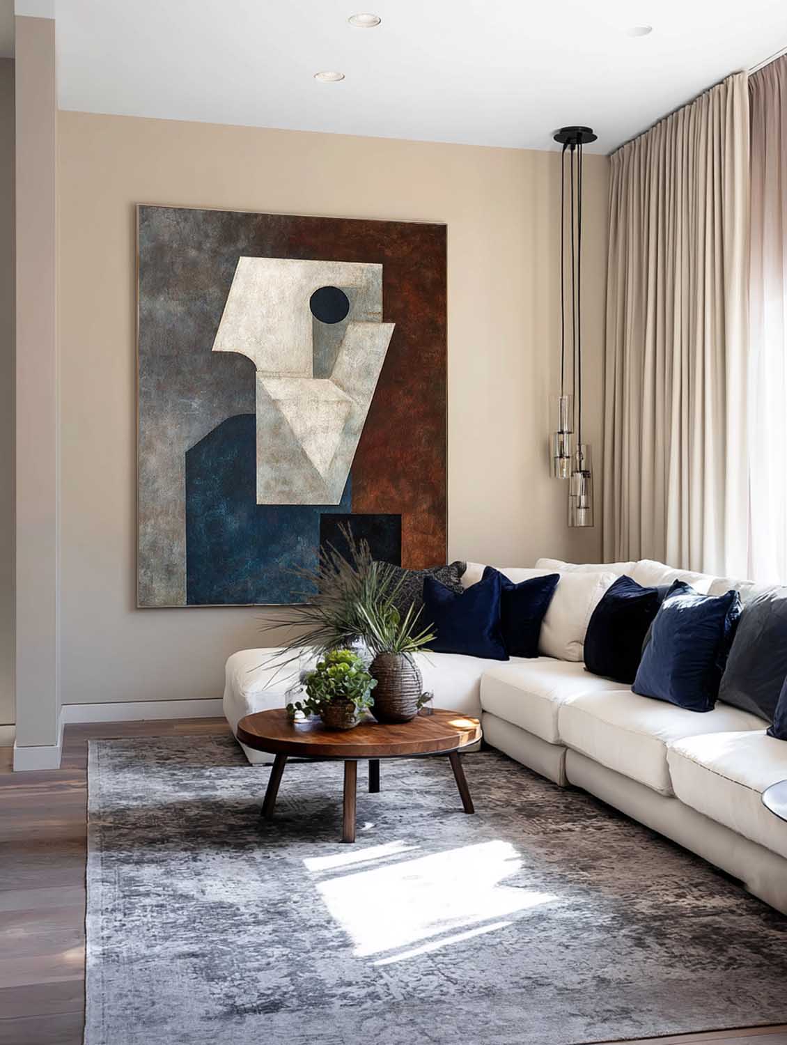 Original Blue And White Geometric Painting Large Blue And White Acrylic Painting Hand-Painted Abstract Geometric Wall Art