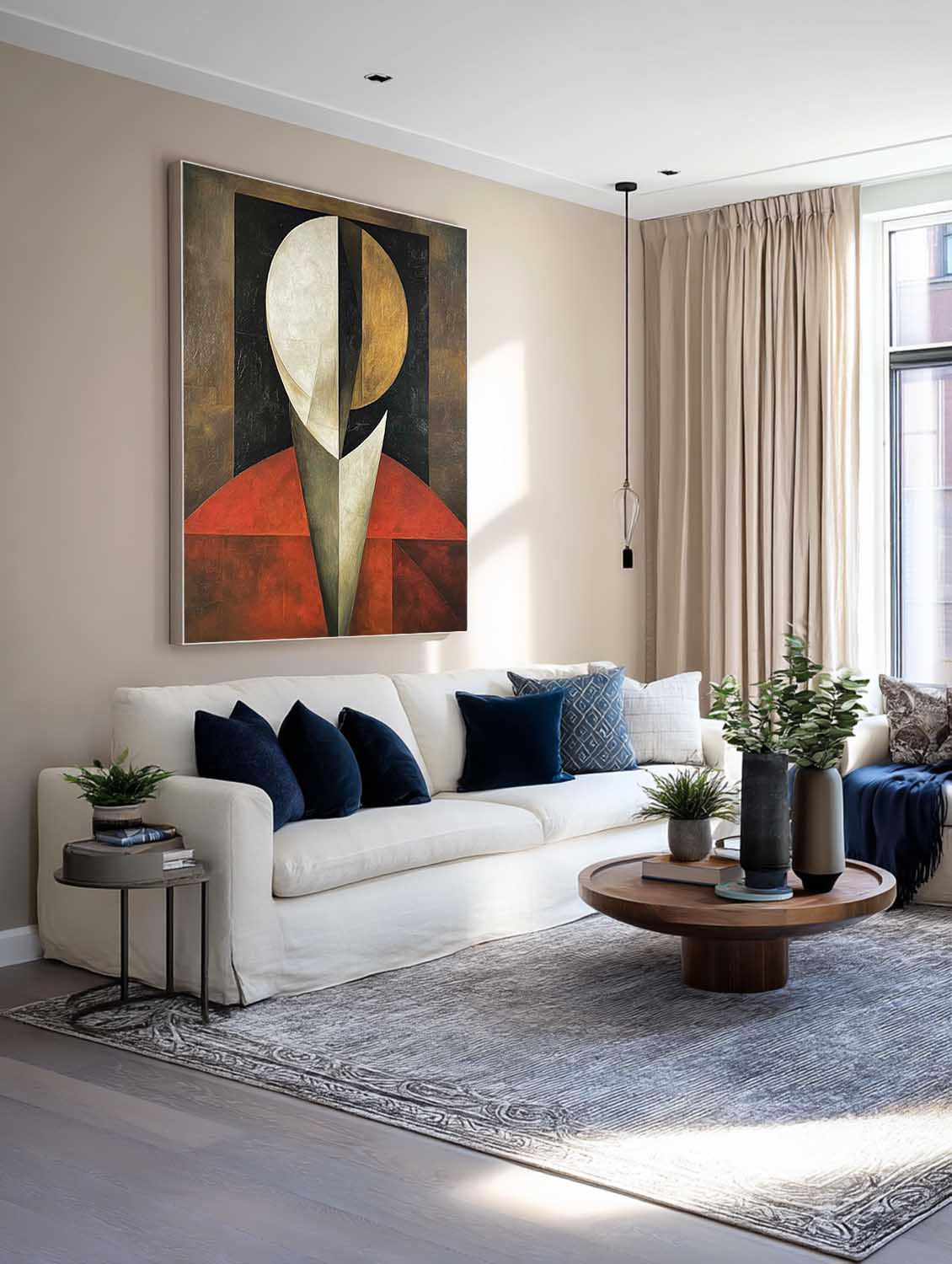 Original Abstract Face Art Beige And Red Handmade Wall Art Large Minimalist Face Texture Painting