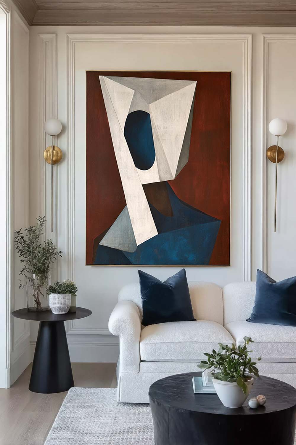 Beige And Navy Minimalist Abstract Geometric Oil Painting Modern Large Beige And Blue Geometric Abstract Oil Painting