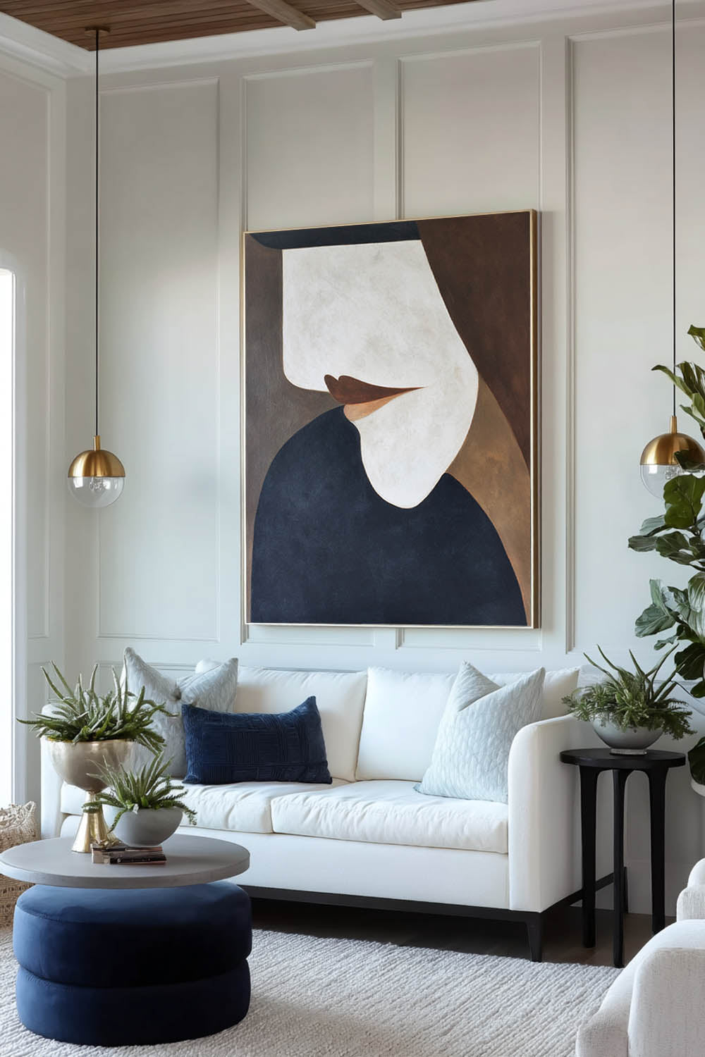 Handmade Minimalist Face Oil Painting Blue White Abstract Face Painting Large Geometric Face Oil Painting