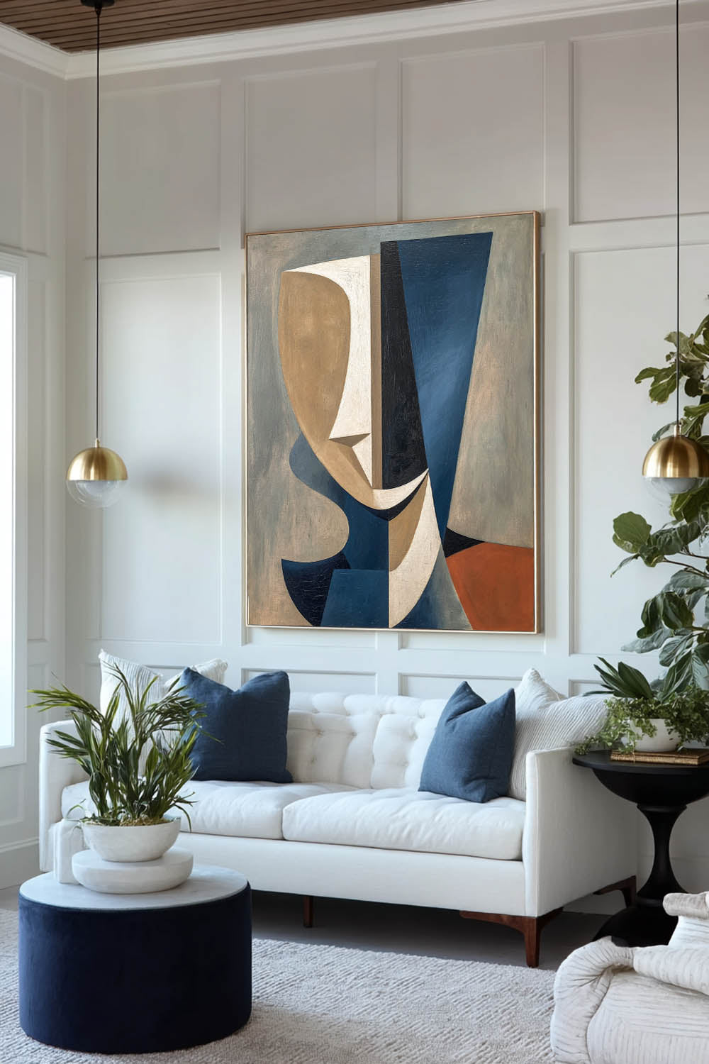 Large Blue and Brown Abstract Face Wall Art Minimalist Abstract Face Art Blue Brown Acrylic Face Painting