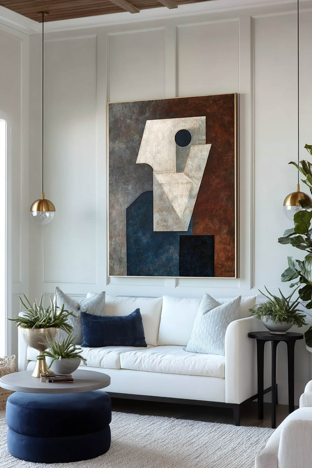 Original Blue And White Geometric Painting Large Blue And White Acrylic Painting Hand-Painted Abstract Geometric Wall Art