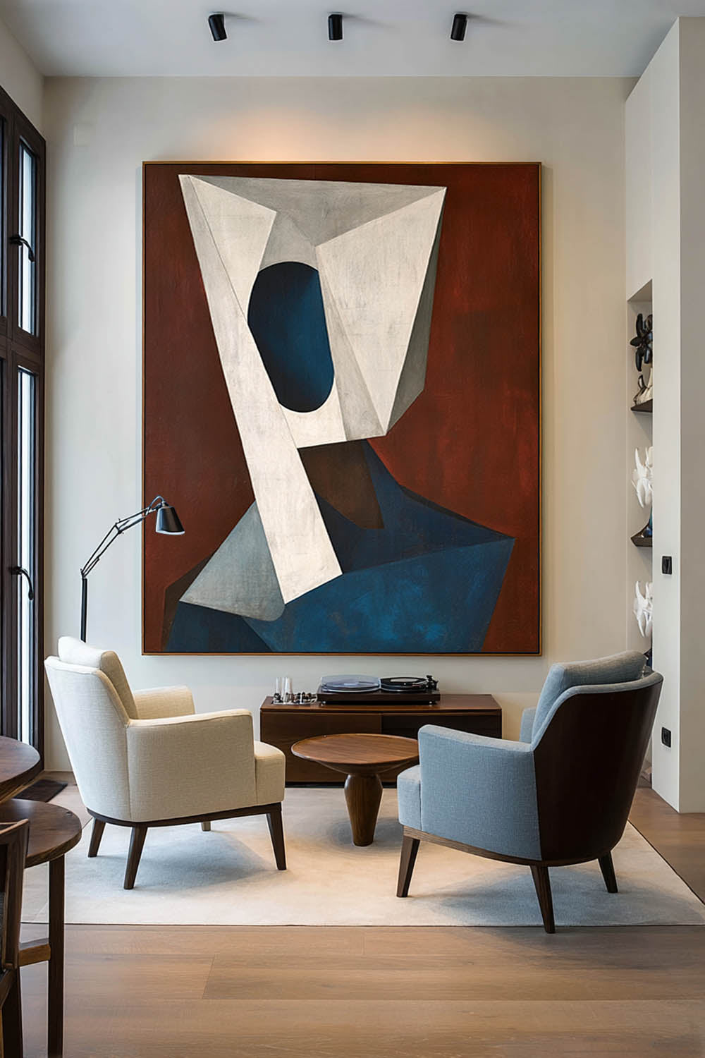 Beige And Navy Minimalist Abstract Geometric Oil Painting Modern Large Beige And Blue Geometric Abstract Oil Painting