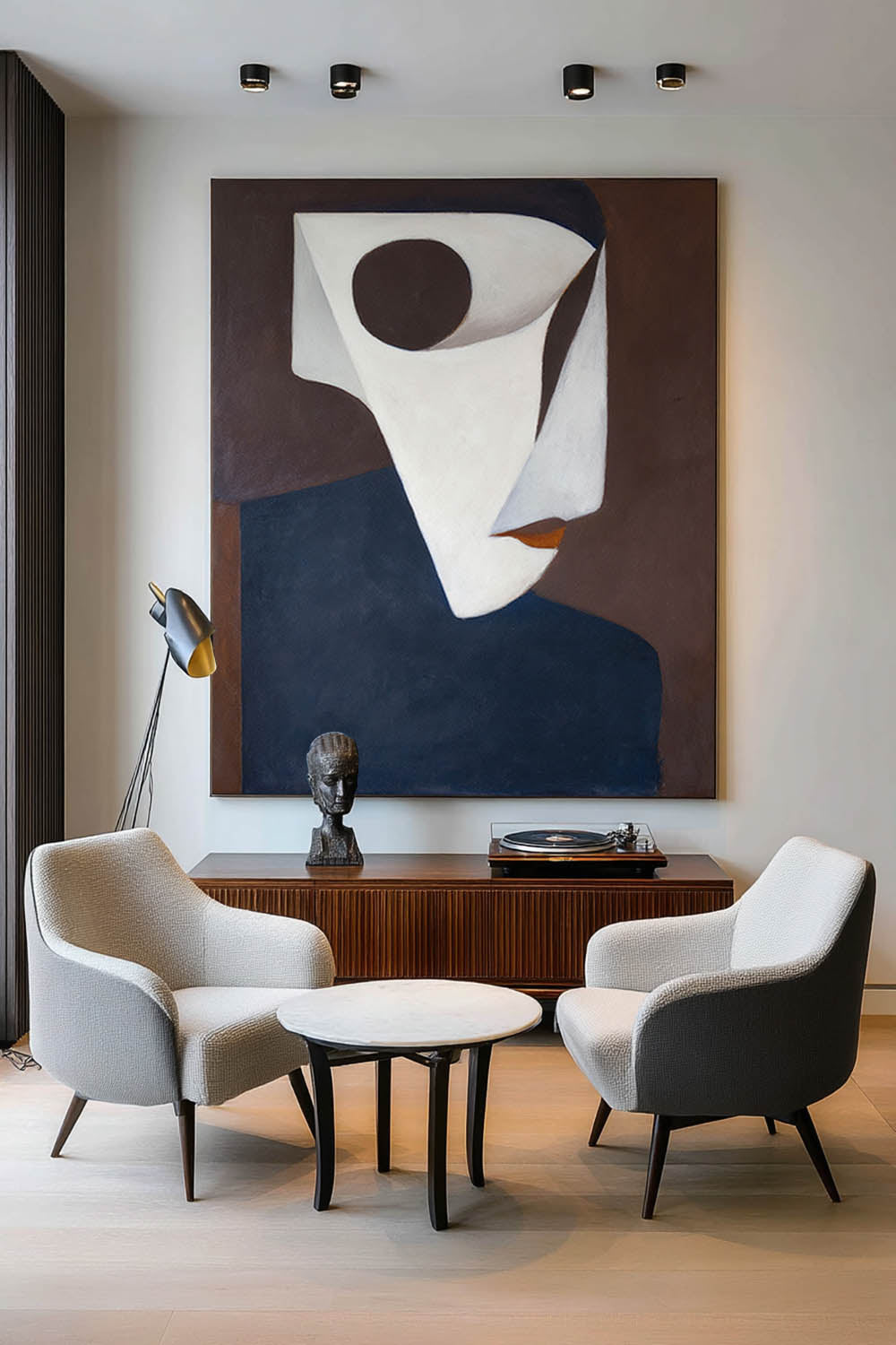 Modern Mask Like Figure In Neutral Tones Large Abstract White And Blue Oil Painting Minimalist Modern Canvas Art