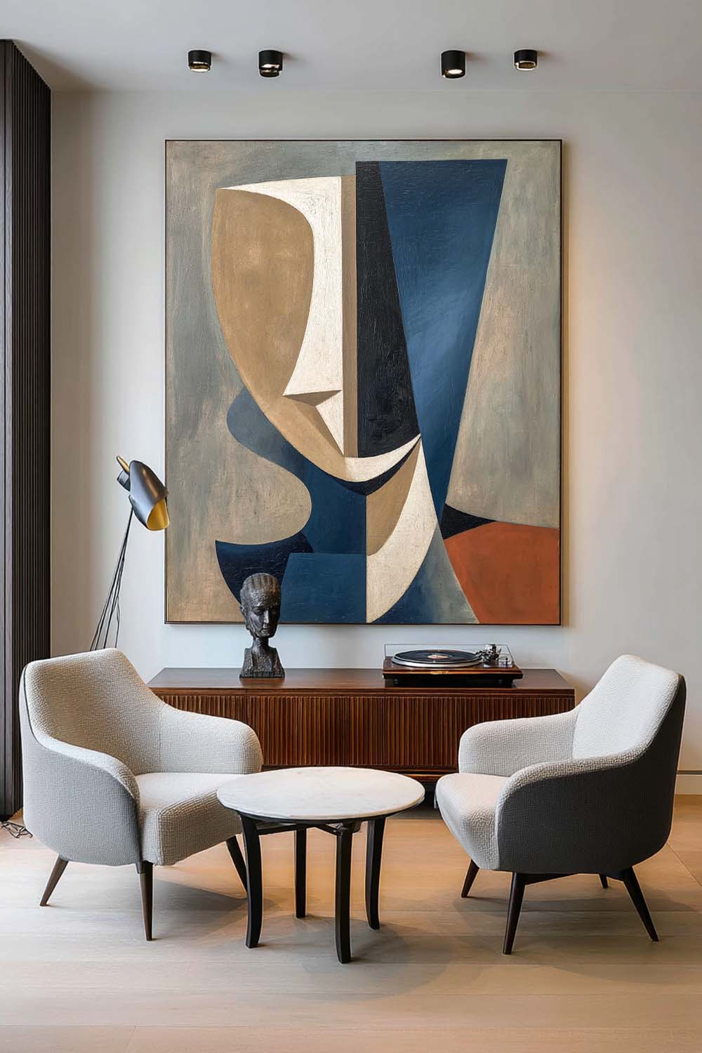 Large Blue and Brown Abstract Face Wall Art Minimalist Abstract Face Art Blue Brown Acrylic Face Painting