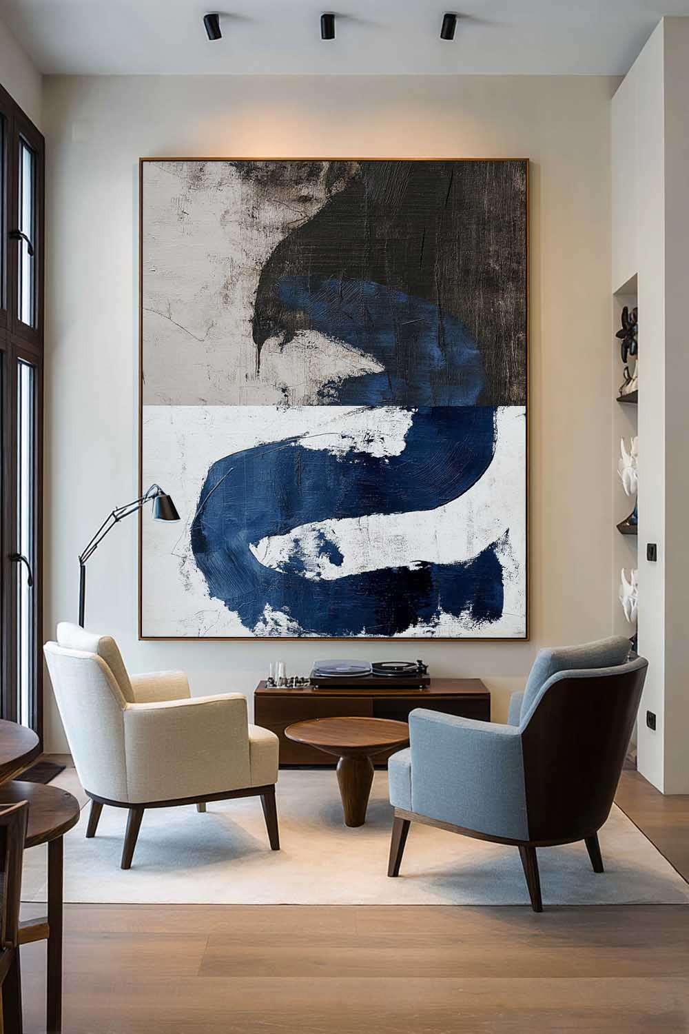 Modern Blue And Black Abstract Painting Minimalist Blue Line Textured Canvas Art Handmade Abstract Wall Decor