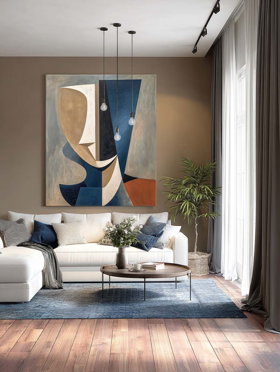 Large Blue and Brown Abstract Face Wall Art Minimalist Abstract Face Art Blue Brown Acrylic Face Painting