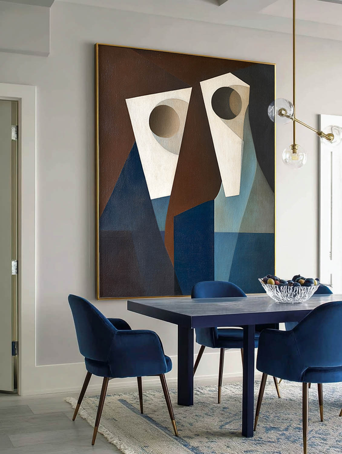 Original Abstract Geometric Human Faces Art Large Beige and Blue Geometric Abstract Faces Art Handmade Minimalist Canvas Wall Decor