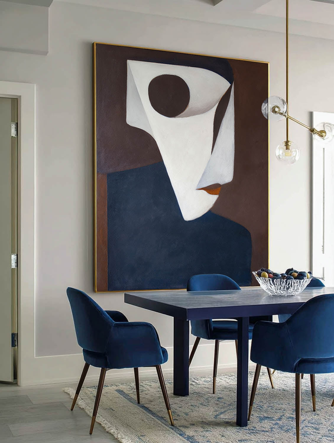 Modern Mask Like Figure In Neutral Tones Large Abstract White And Blue Oil Painting Minimalist Modern Canvas Art
