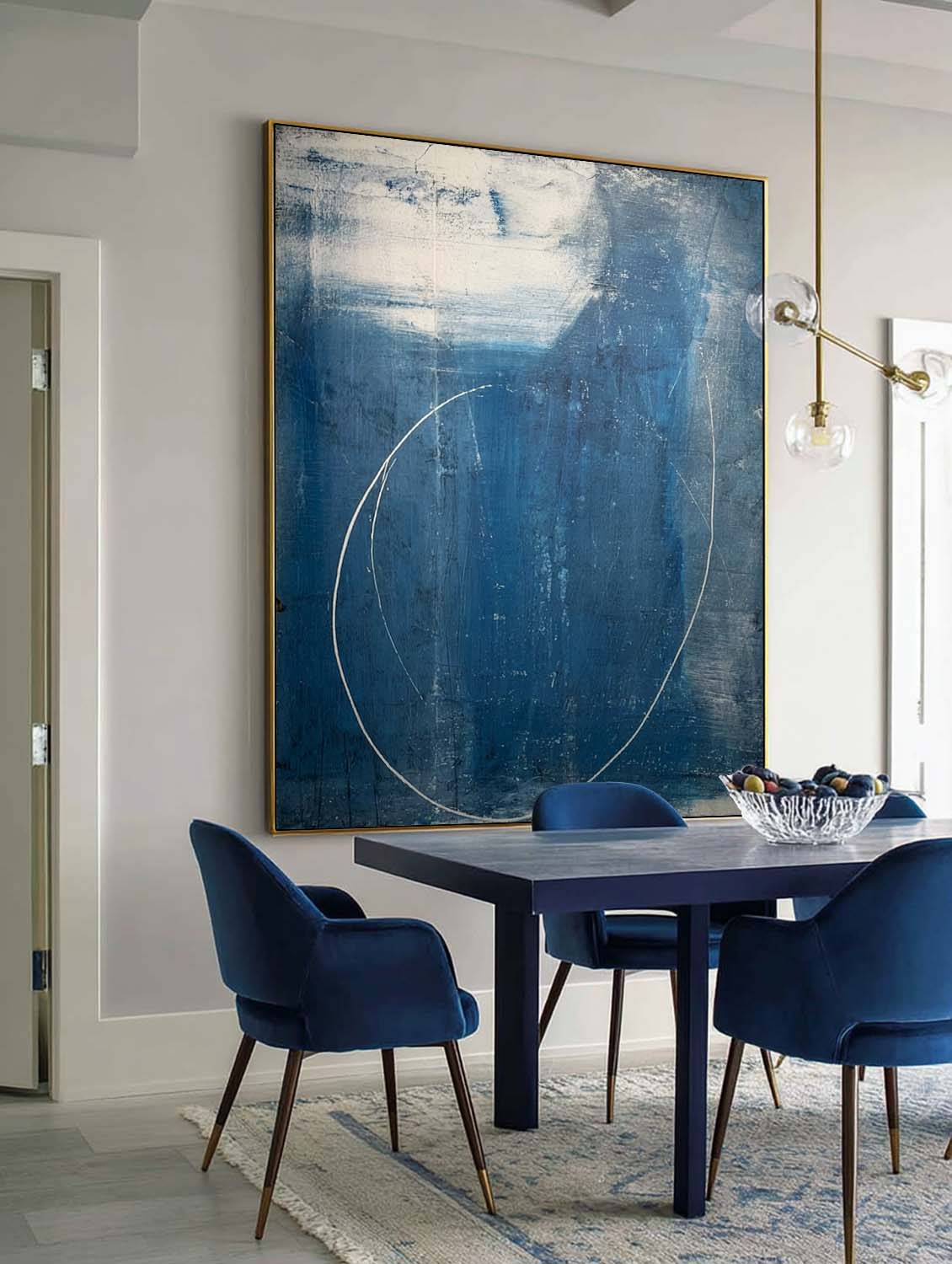 Navy Blue One Line Abstract Painting Minimalist Navy Blue Frame Wall Art Handmade Blue Abstract Line Canvas Art