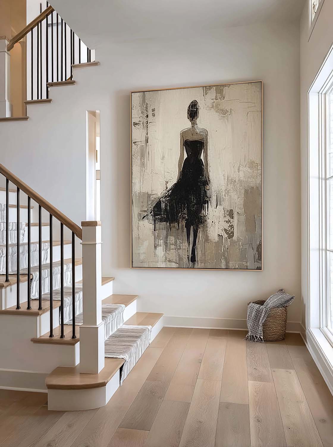Handmade Modern Woman Art In Black Dress Large Wabi Sabi Female Painting Neutral Abstract Female Figure Oil Painting