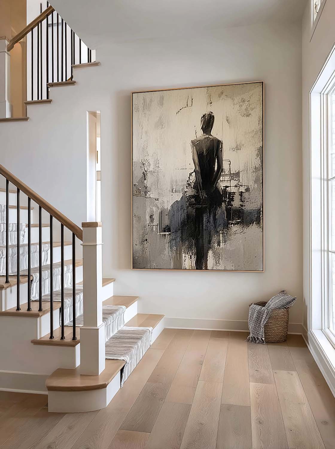 Minimalist Abstract Lady Canvas Artwork Handmade Black And Beige Lady Oil Painting Handmade Abstract Woman In Black Dress Oil Painting