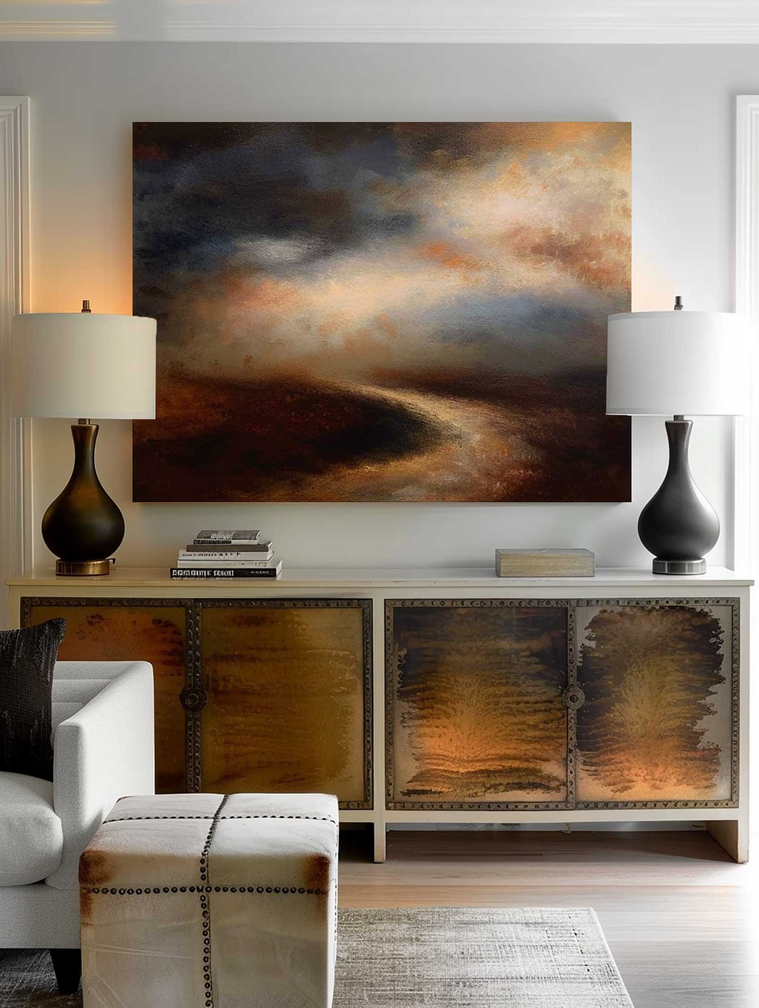 Large Retro Black And Beige Landscape Painting Minimalist Brown Canvas Art Original Minimalist Landscape Painting