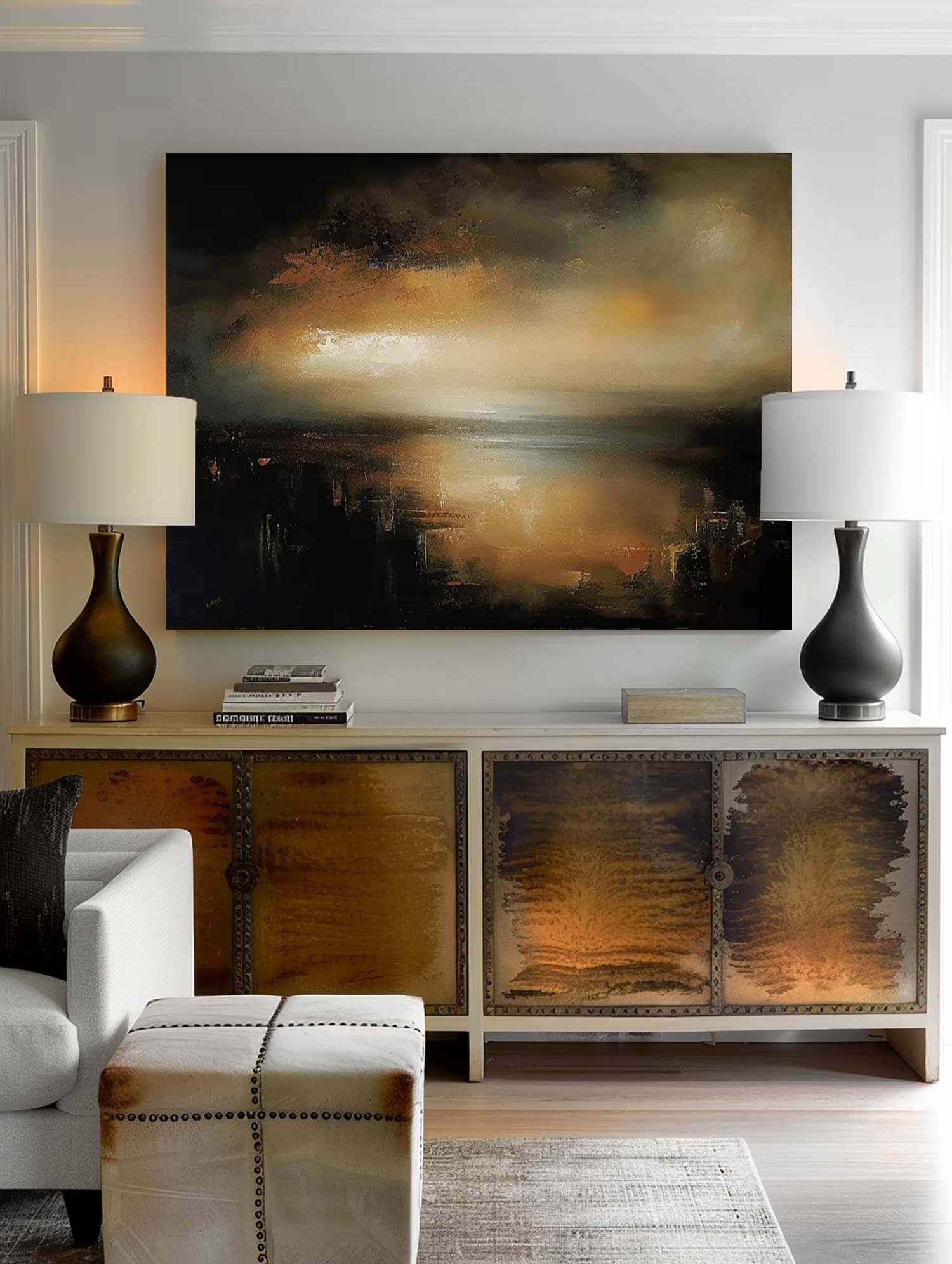 Retro Black And Brown Landscape Painting Original Black And Beige Lake Painting Minimalist Black And Brown Lake Art