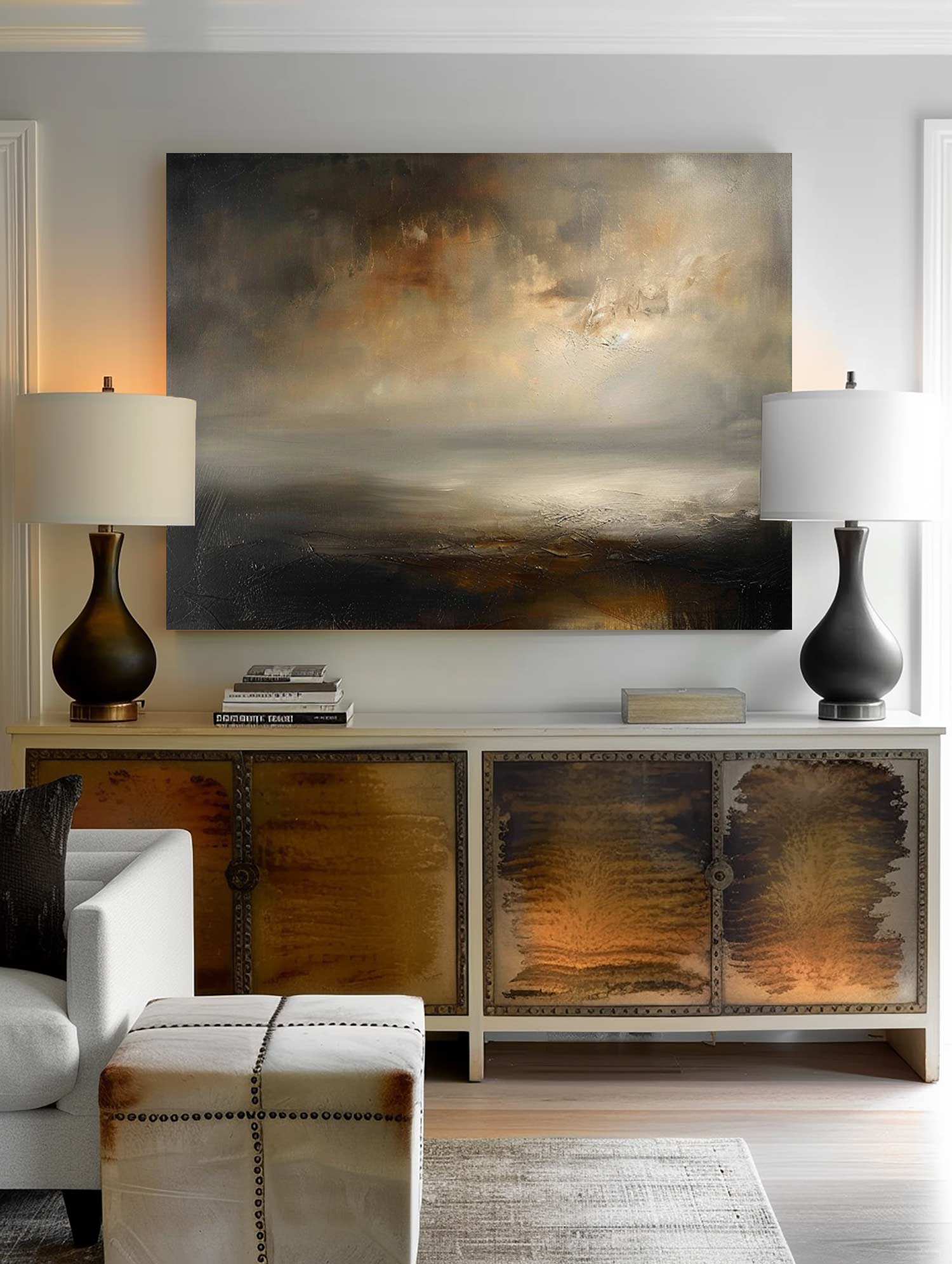 Retro Black And Beige Abstract Painting Vintage Neutral Lake Scenery Wall Art Large Abstract Neutral Lake Artwork